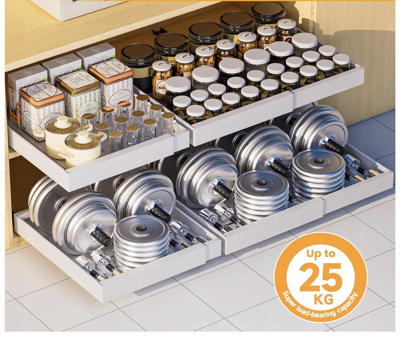 SZUFLADA TELESKOPOWA REGULOWANA PÓŁKA WYSUWANA WKŁAD SZAFKI KUCHENNEJ 20kg Wysokość mebla 50 cm