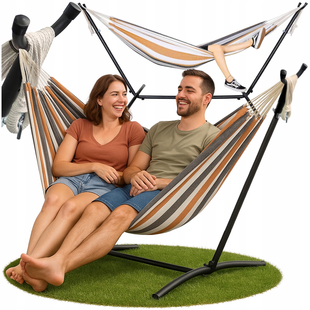 Duży Hamak Ze Stelażem Stalowym Ogrodowy Mocny XXL 275x150 200KG Dwuosobowy