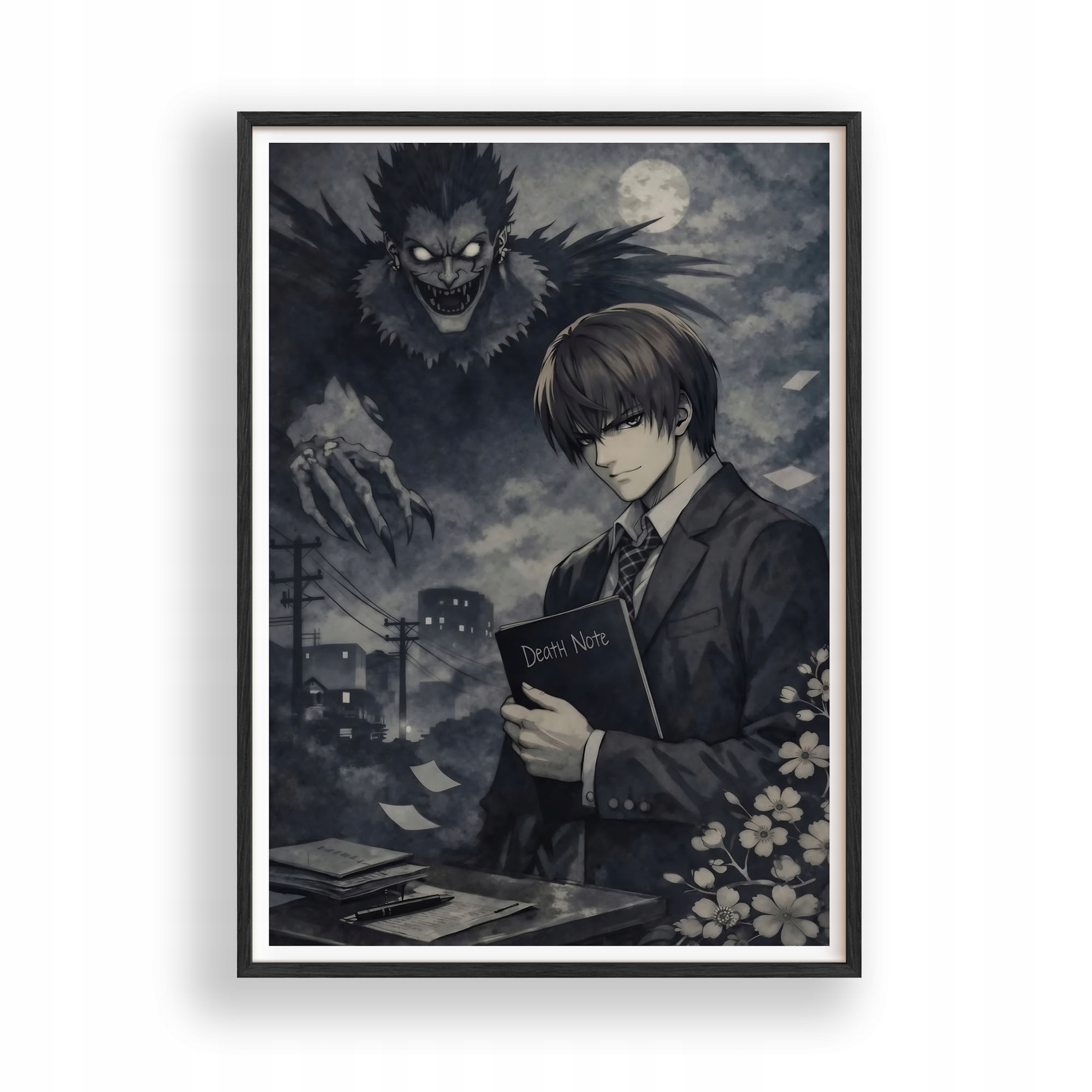 Obraz Death Note Light Yagami Ryuk Plakát Rámeček Dřevěný Černý 30x42 cm