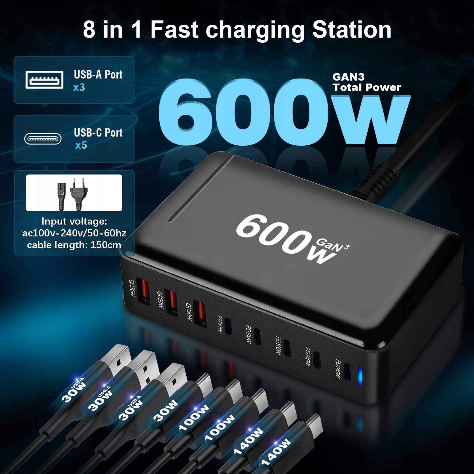 QIQIAZI Ładowarka USB C 600W 8 Portów Szybkie Ładowanie MacBook iPad Androi — miniatura 2