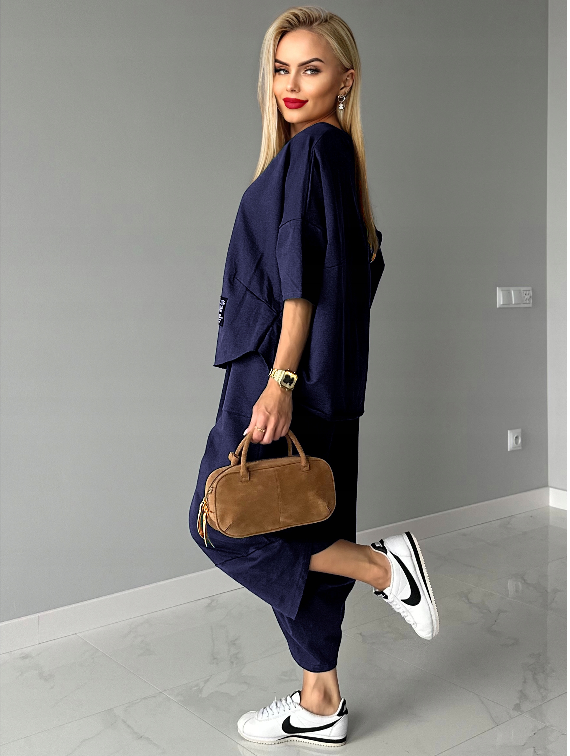 KOMPLET BAWEŁNIANY DAMSKI DRES spodnie + bluza oversize modny stylowy PI99 Linia regular