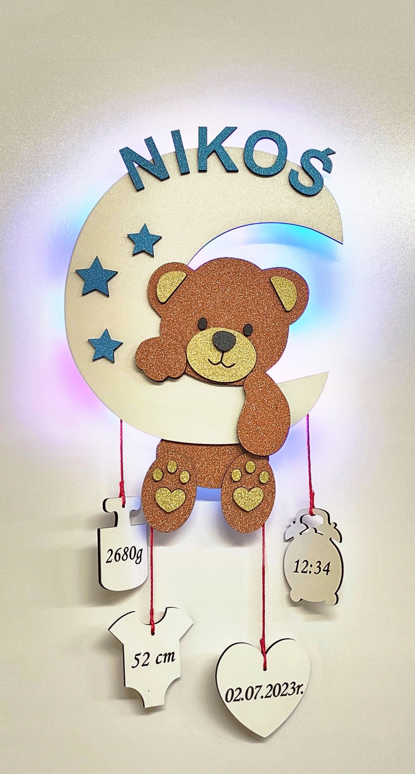 Lampka nocna Misio na półksiężycu metryczka imię dziecka brokatowy brązowy Bohater / Bajka Inny