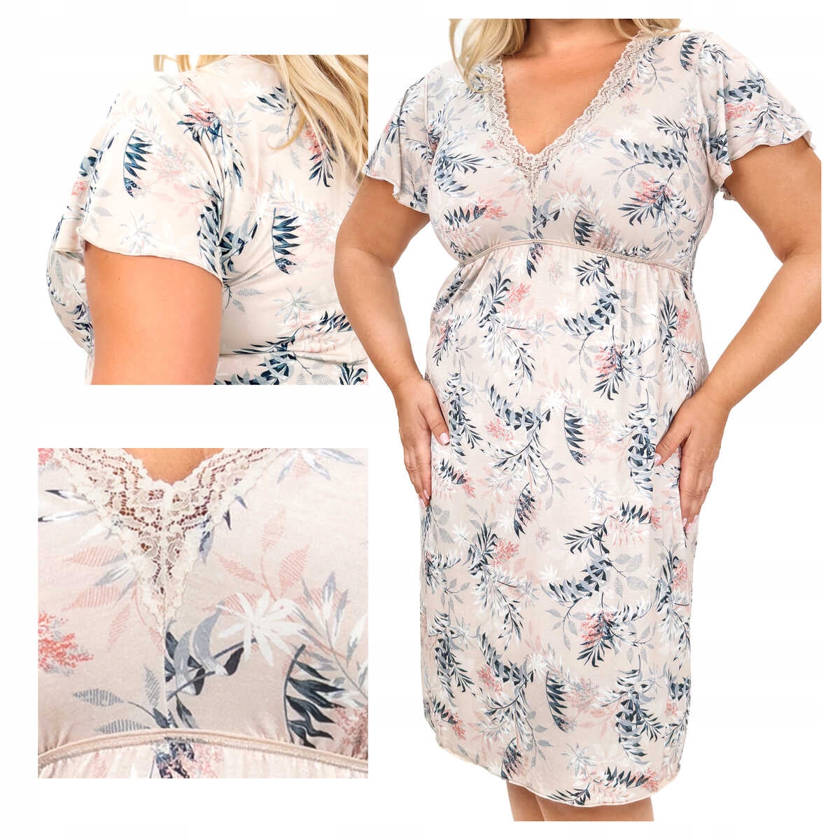 Donna Košile noční z viskózy s krátkým rukávem, krajka Goya béžová plus 5XL