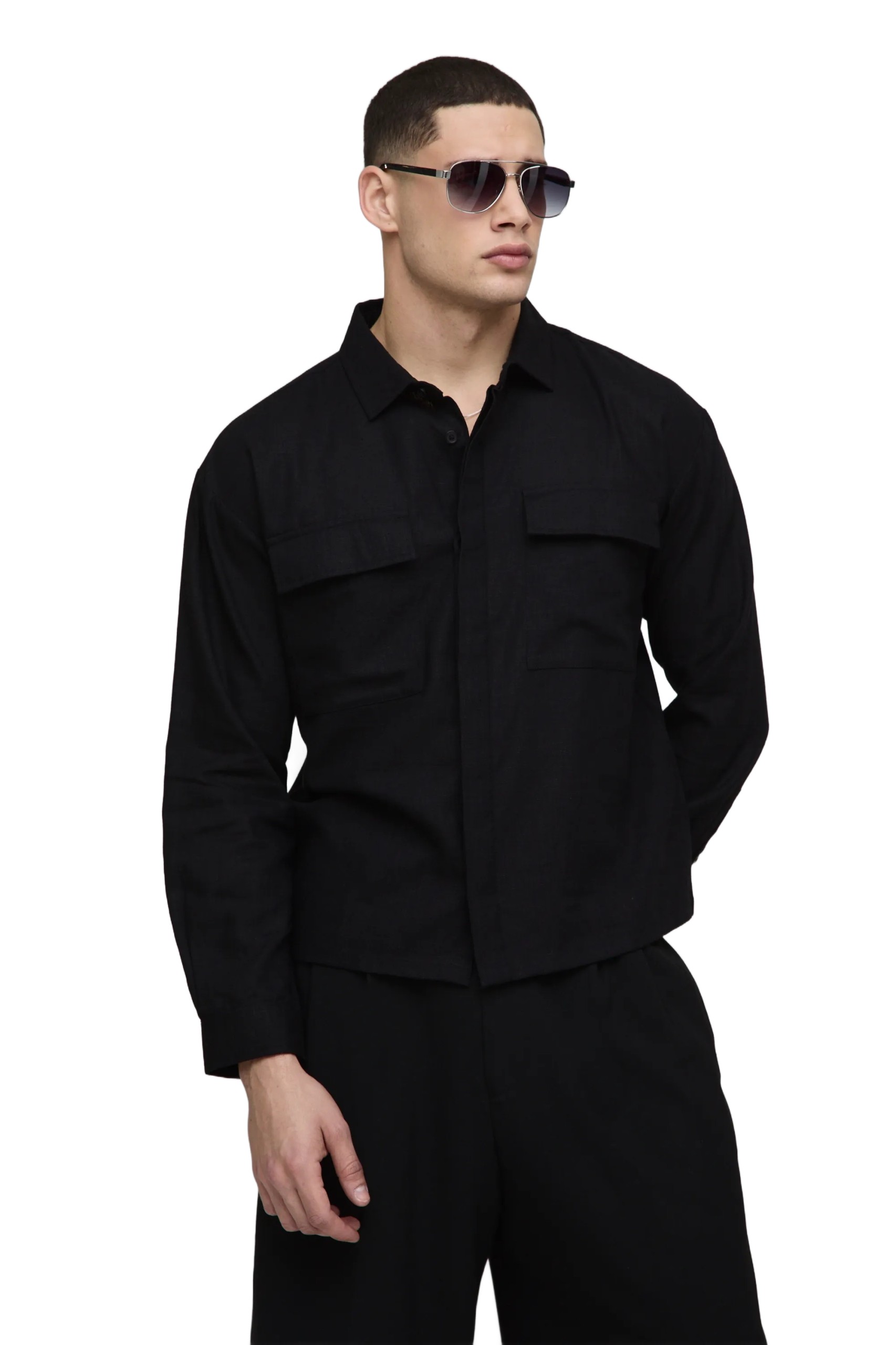 Boohooman Černá Pánská Košile S Dlouhým Rukávem A Kapsami Z3A