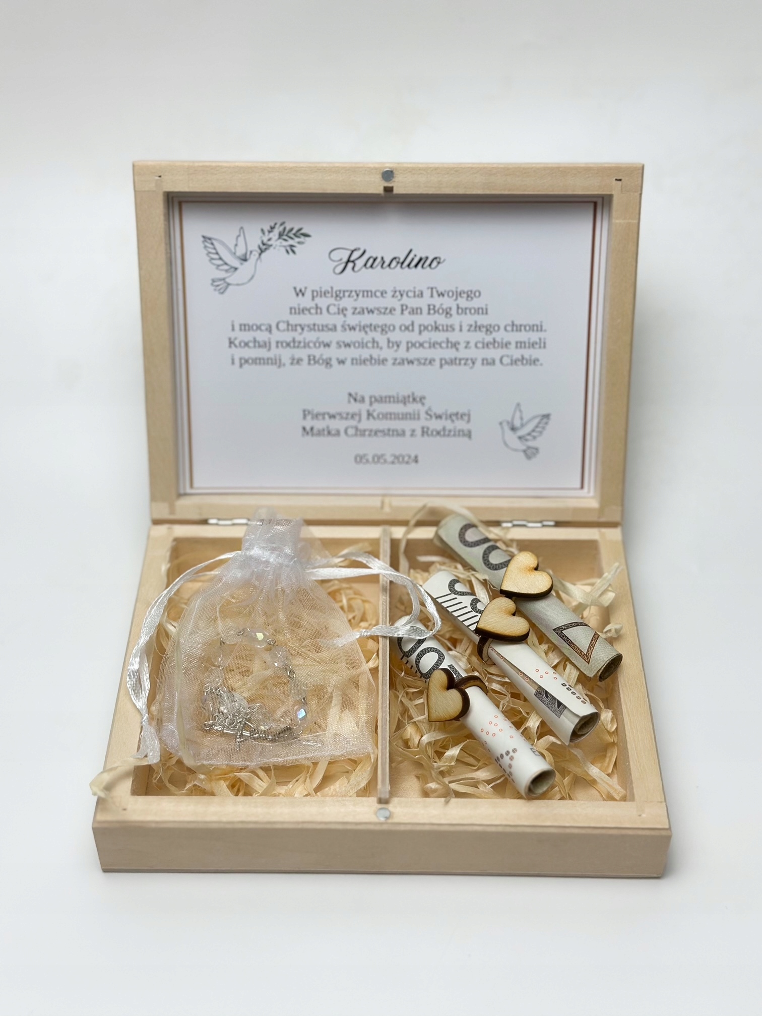 PREZENT Pamiątka Komunii Świętej kartka na komunie pudełko Z RÓŻAŃCEM Marka inny