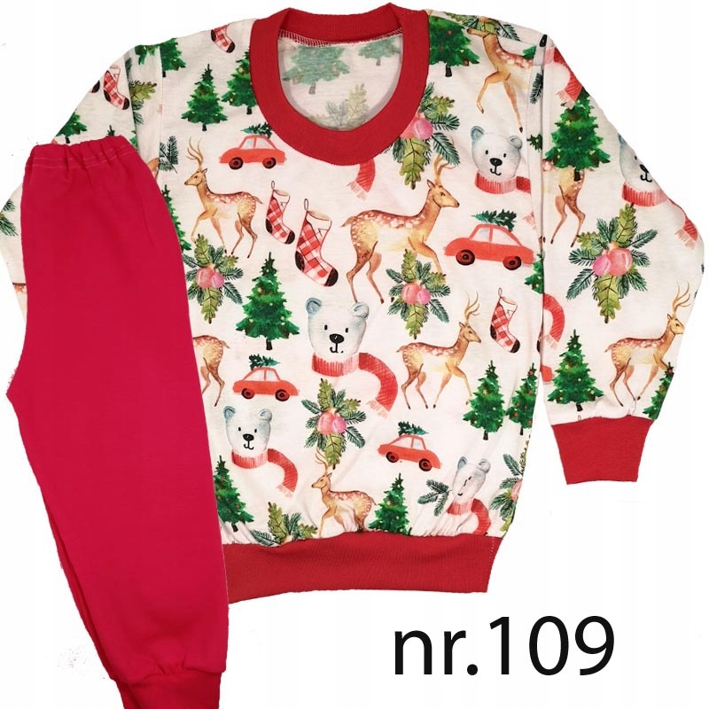 Piżamki Długi Rękaw 100% bawełna POLSKIE + wzory świąteczne 98 cm Zapięcie brak