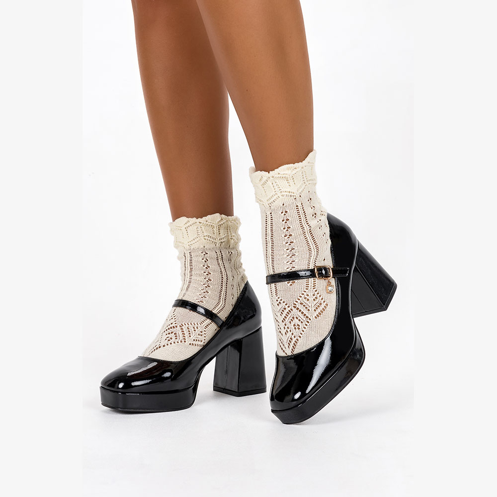 CZÓŁENKA DAMSKIE LAKIEROWANE BUTY NA OBCASIE KLOCKU Z PASKIEM OZDOBA r 38 Płeć kobieta