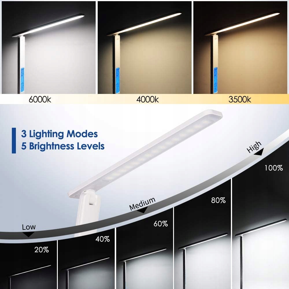 Lampka biurkowa biurko WYŚWIETLACZ LED Zegar Data 3 Barwy 5 Jasności Światł Marka Anytech