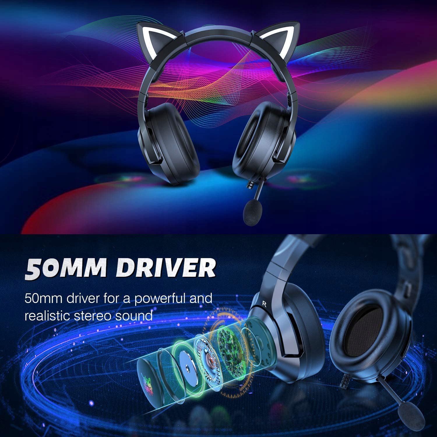 PHNIXGAM Słuchawki Gamingowe Dla PS4 PS5 Xbox PC RGB Surround Czarne — miniatura 3