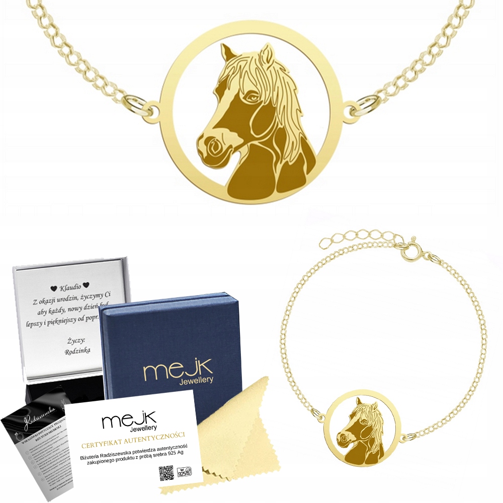 Zlatý náramek s koněm Haflinger 925 Řetízek Šperky Gravírování Bonus