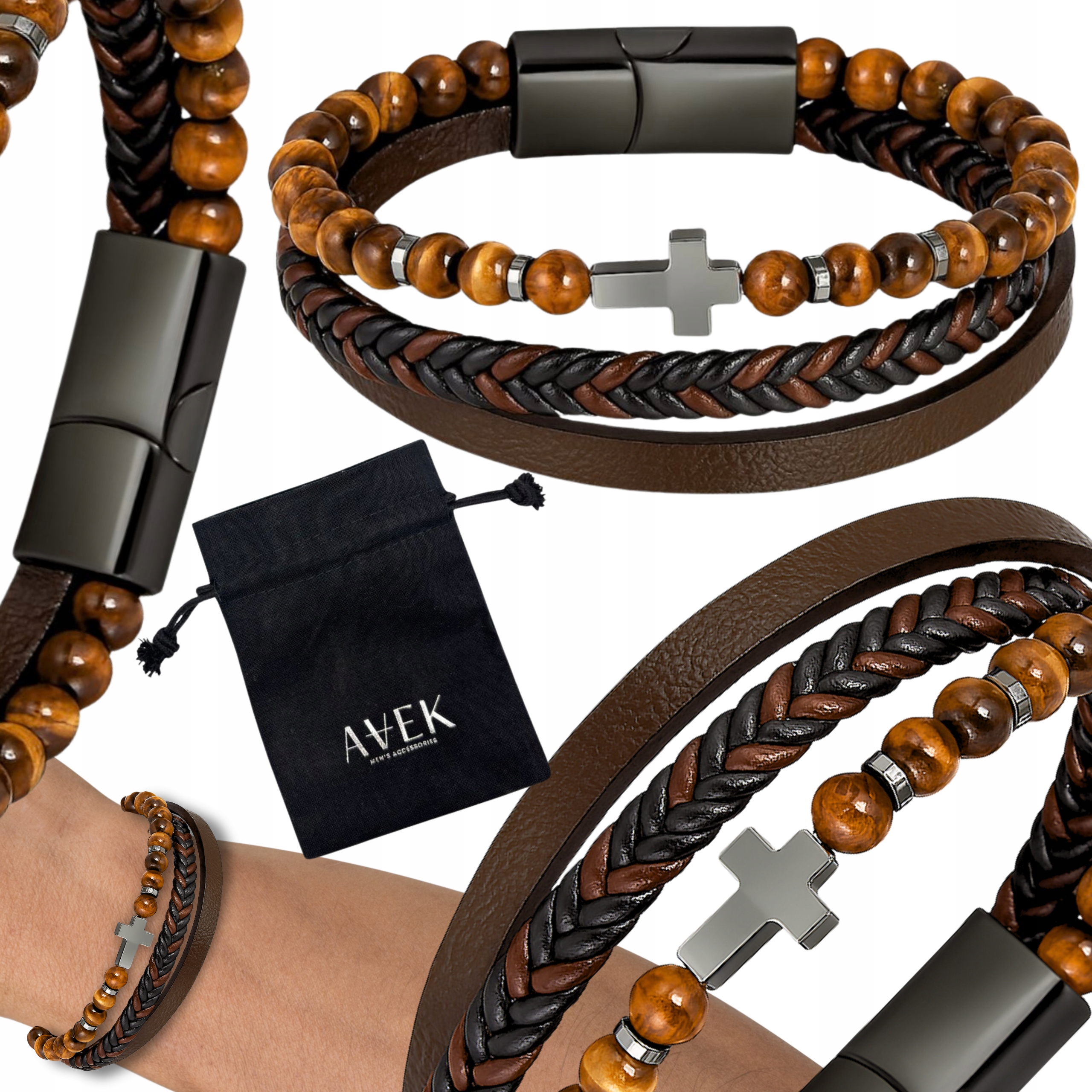 Pánský Náramek Kožený Náramek Hnědý Široký Kříž Ocel Jako Dárek 21 CM