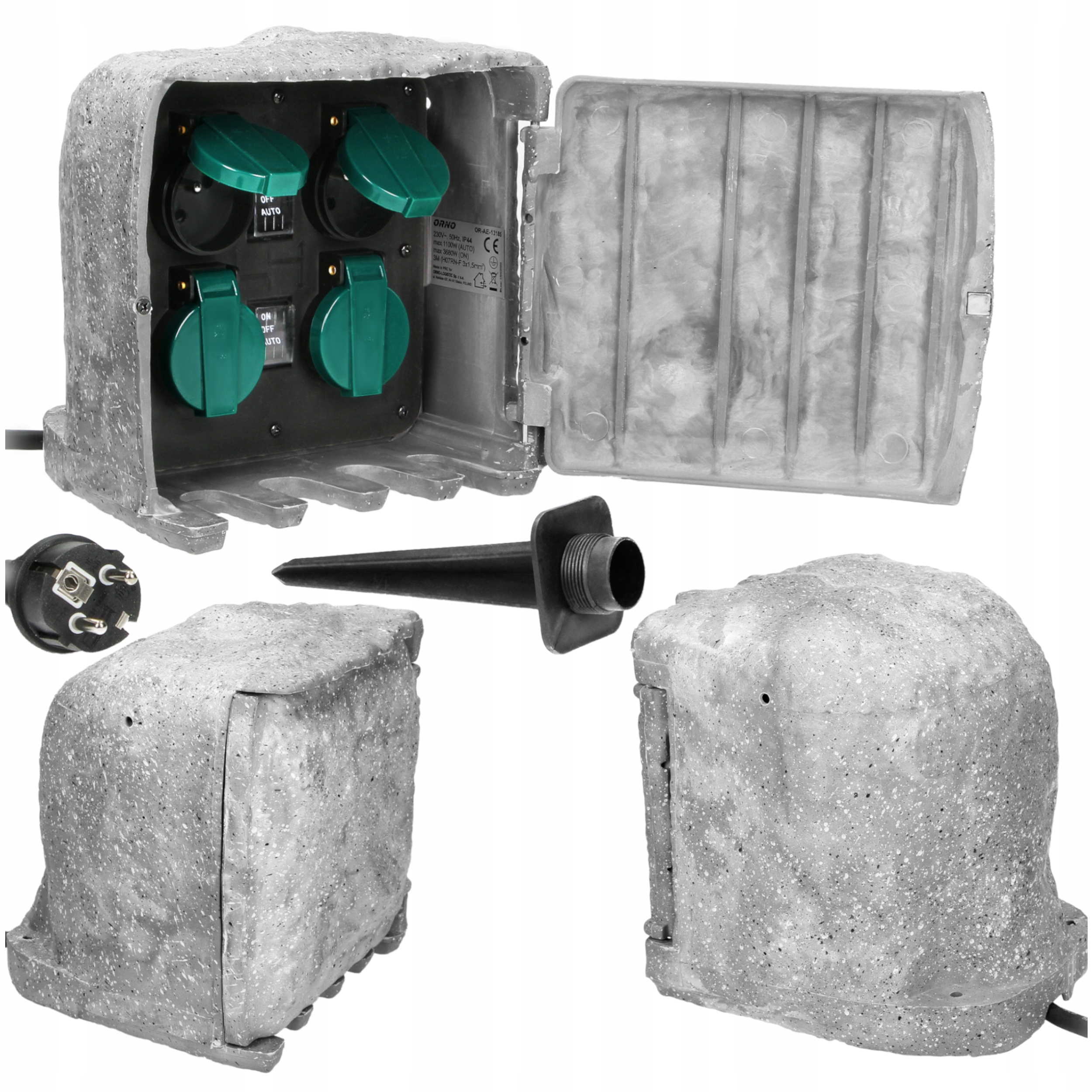 Gniazdo Ogrodowe Kamień Przedłużacz 4x230V Z Czujnikiem Zmierzchu Kabel 3m