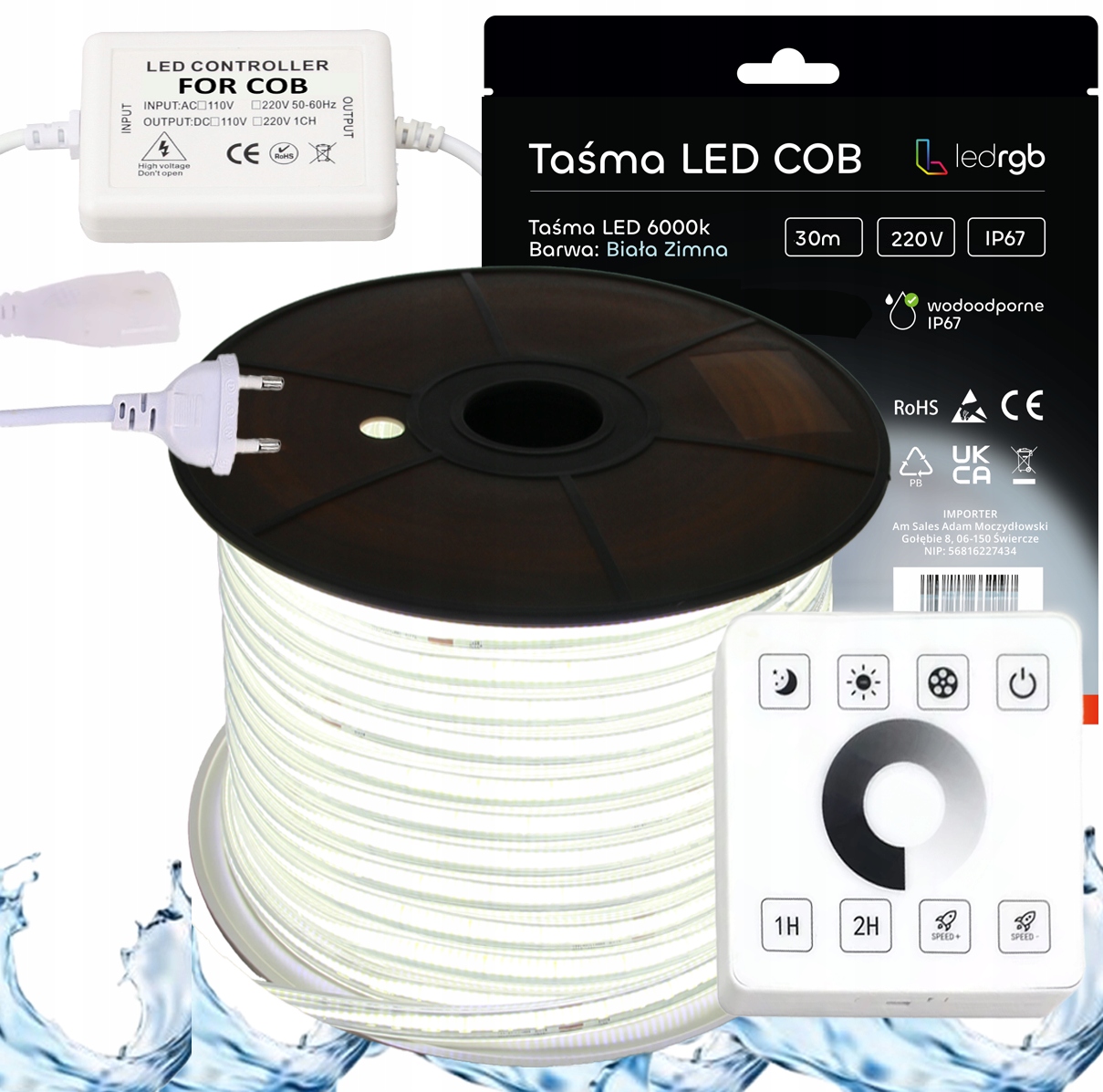 Set Led pásek Cob 230V 30 m 6000K Bílý Studený Napájecí Zdroj Ovladač Dálkový Ovladač Rf