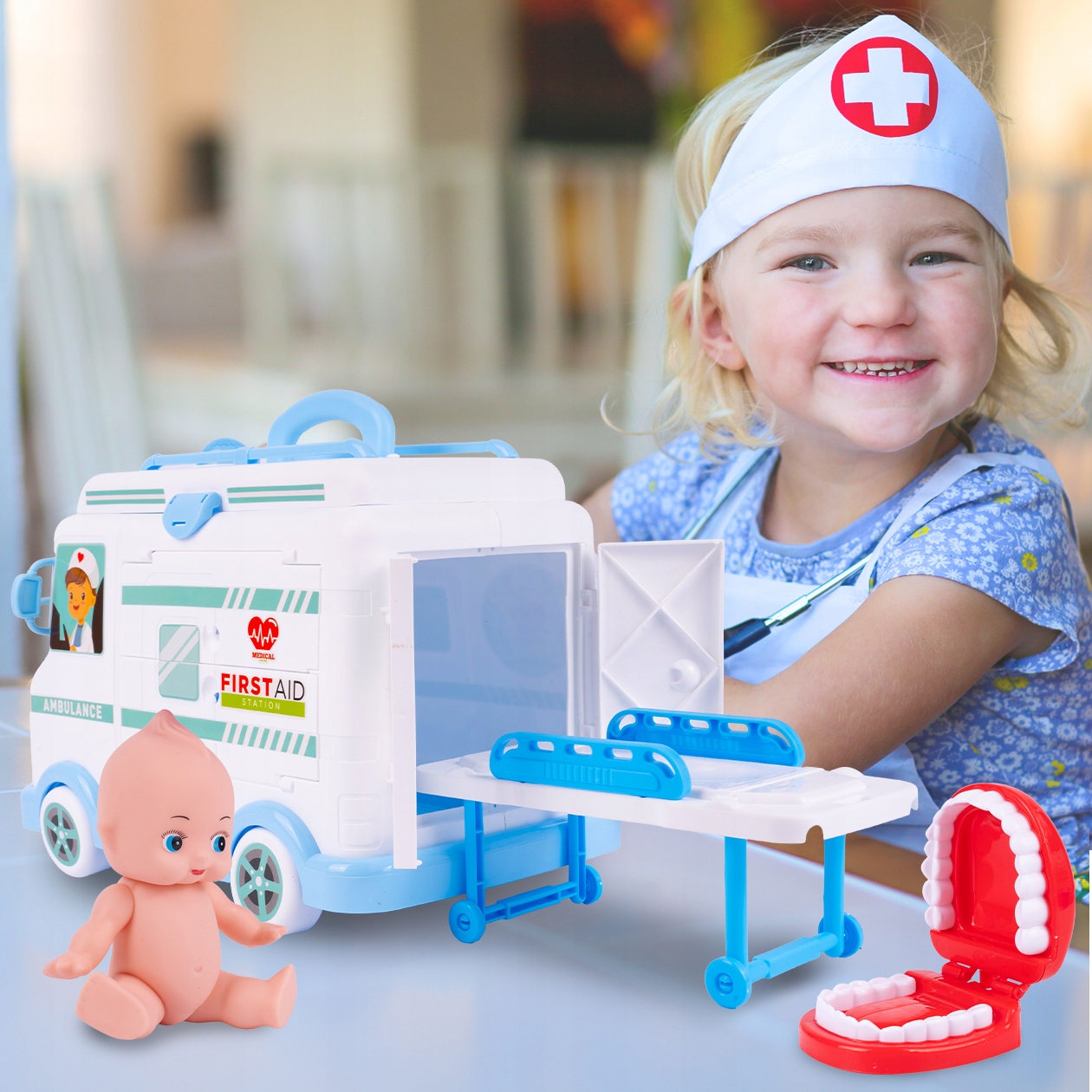 ZESTAW LEKARSKI AMBULANS AUTO KARETKA ZABAWKA DLA DZIECI Z LALKĄ I NOSZAMI Efekty dźwiękowe podświetlenie LED