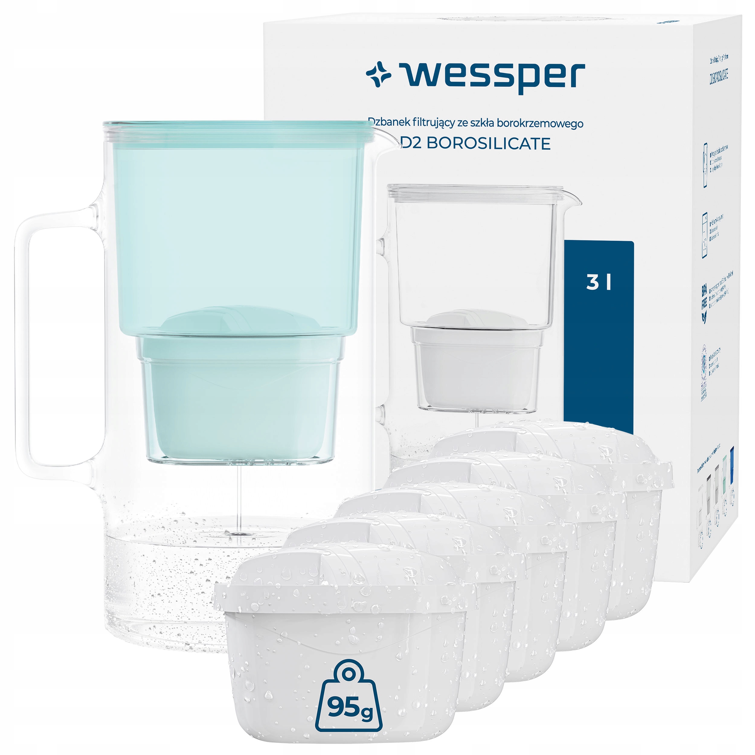 Skleněná filtrační konvice Wessper D2 Borosilicate 3 l mátová 6x filtr