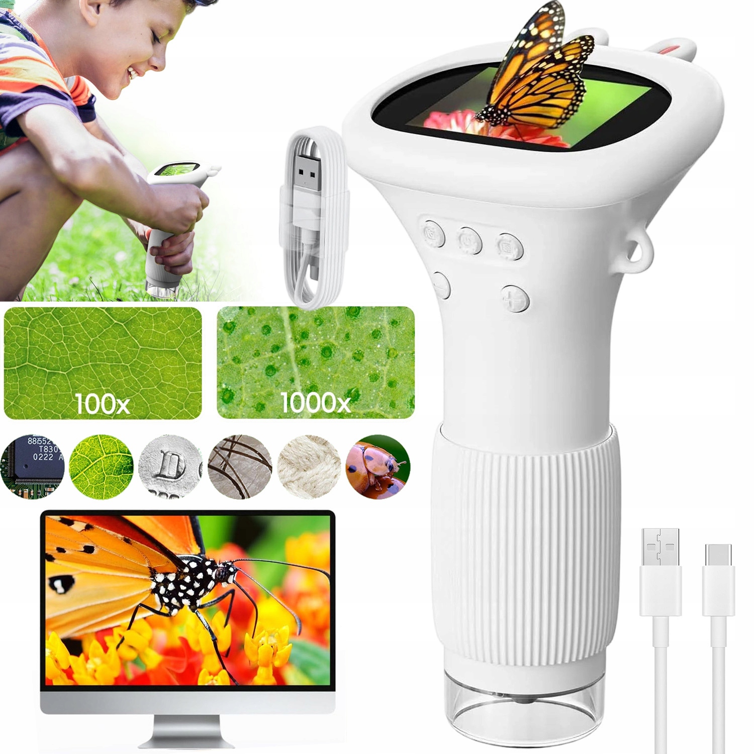 Led Digitální Mikroskop Pro Děti 1000X 8 Led Displej Ips 2 Palce Akumulátor