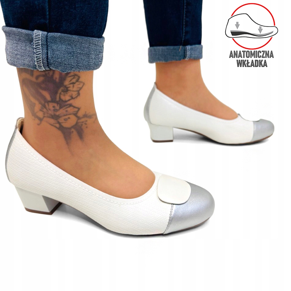 Bílé Nízké Lodičky, Boty Na Podpatku, Širší, Měkká Kůže, Vložka 39