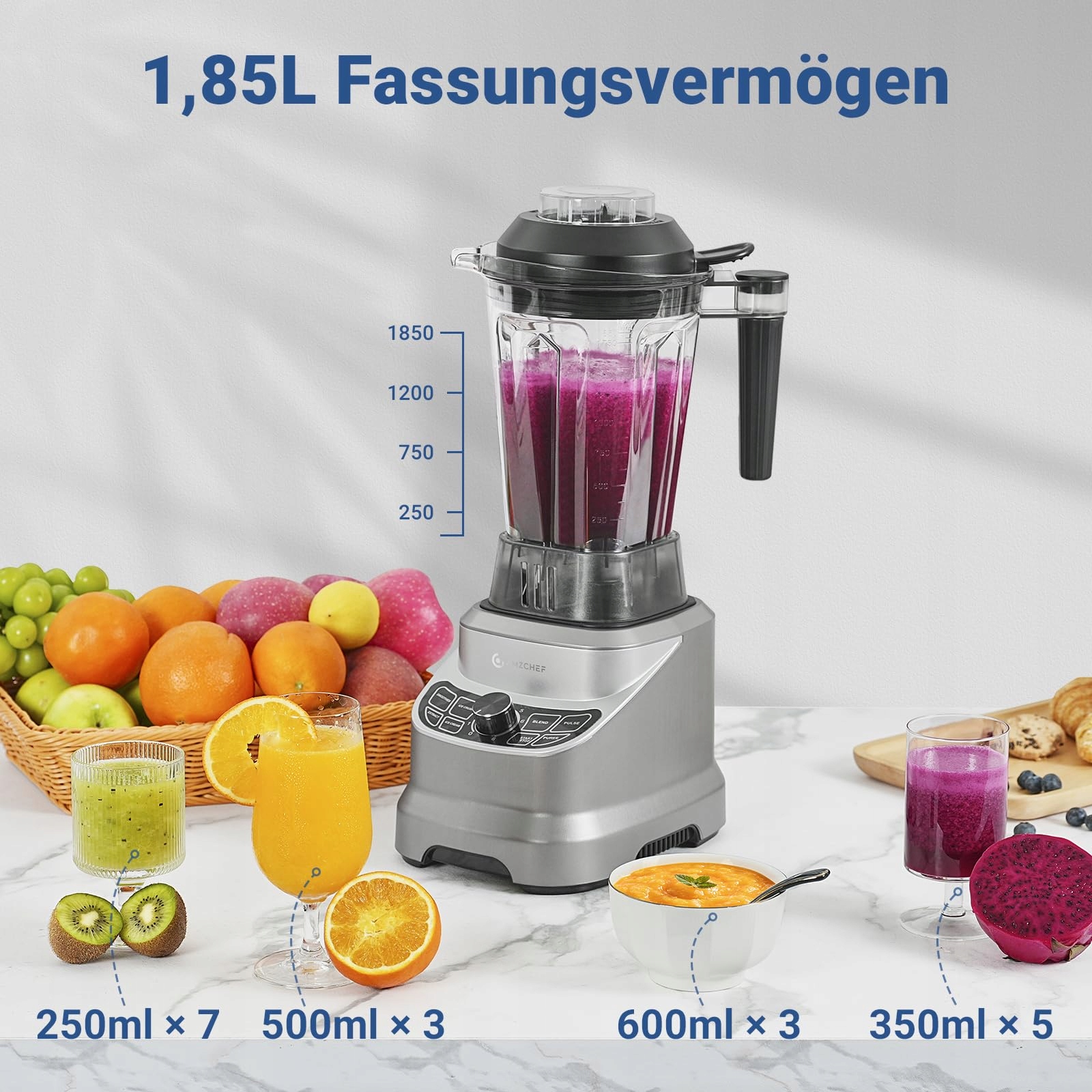 AMZCHEF Blender 1800W Do Kuchni 8 Prędkości 1,85L Shakes Smoothies Lód — miniatura 4