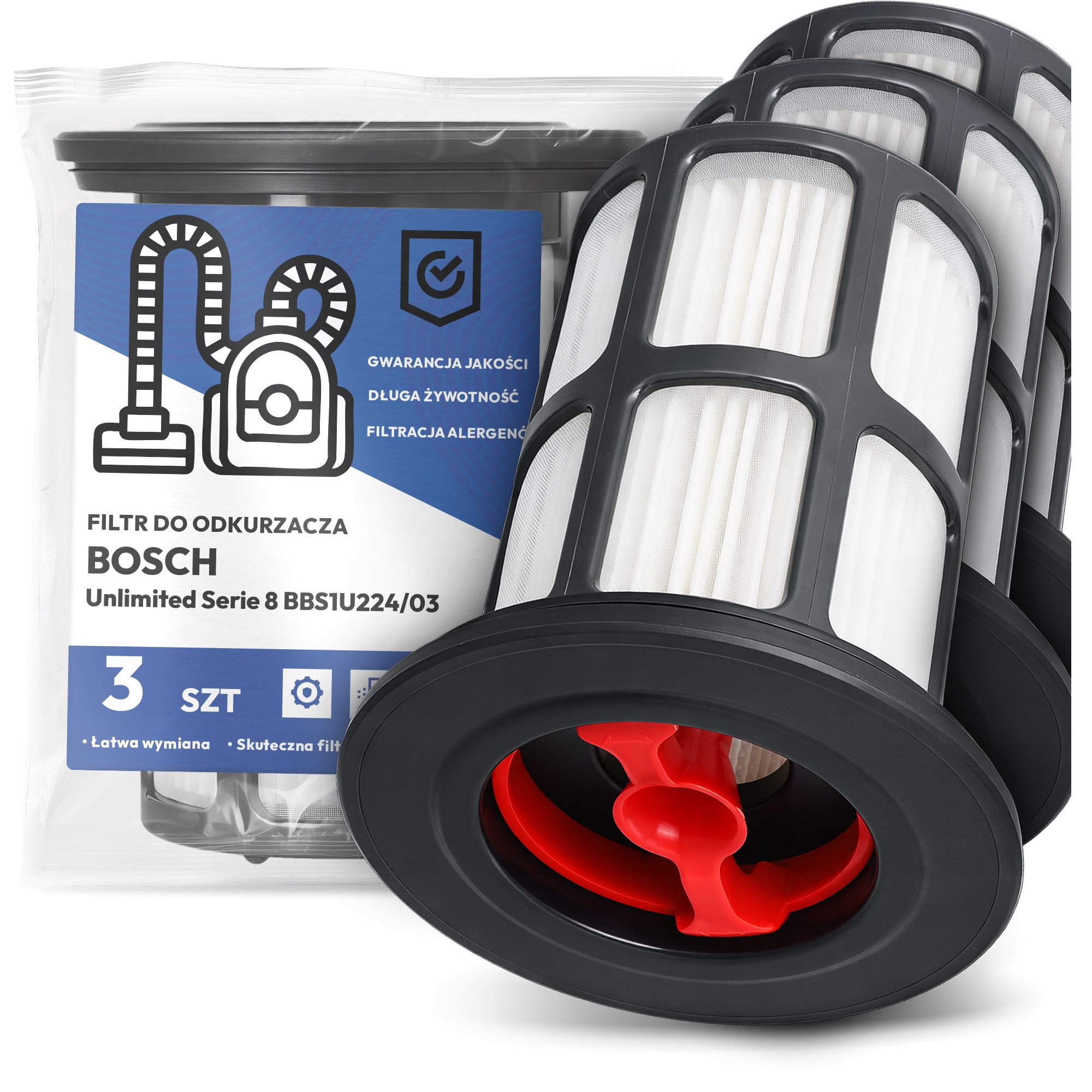 3x Filtr Do Vysavače Bosch Unlimited Serie 8 BBS1U224/03 Hepa Filtry Em-w