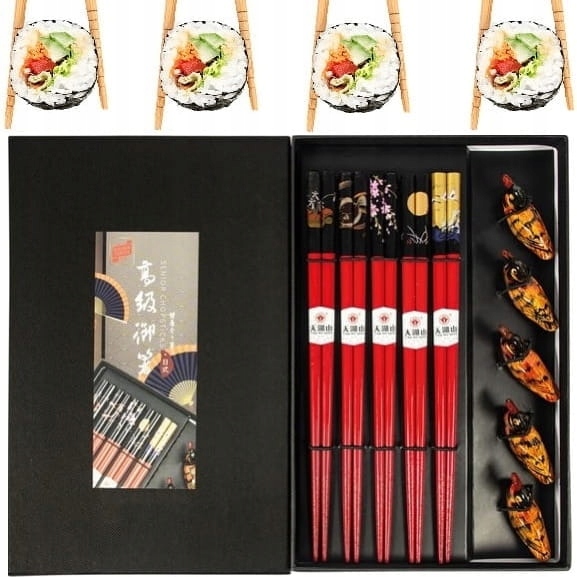 Zestaw Czerwonych Pałeczek z Podstawką Motyw Kaczki Do Sushi Pudełko 5 Par