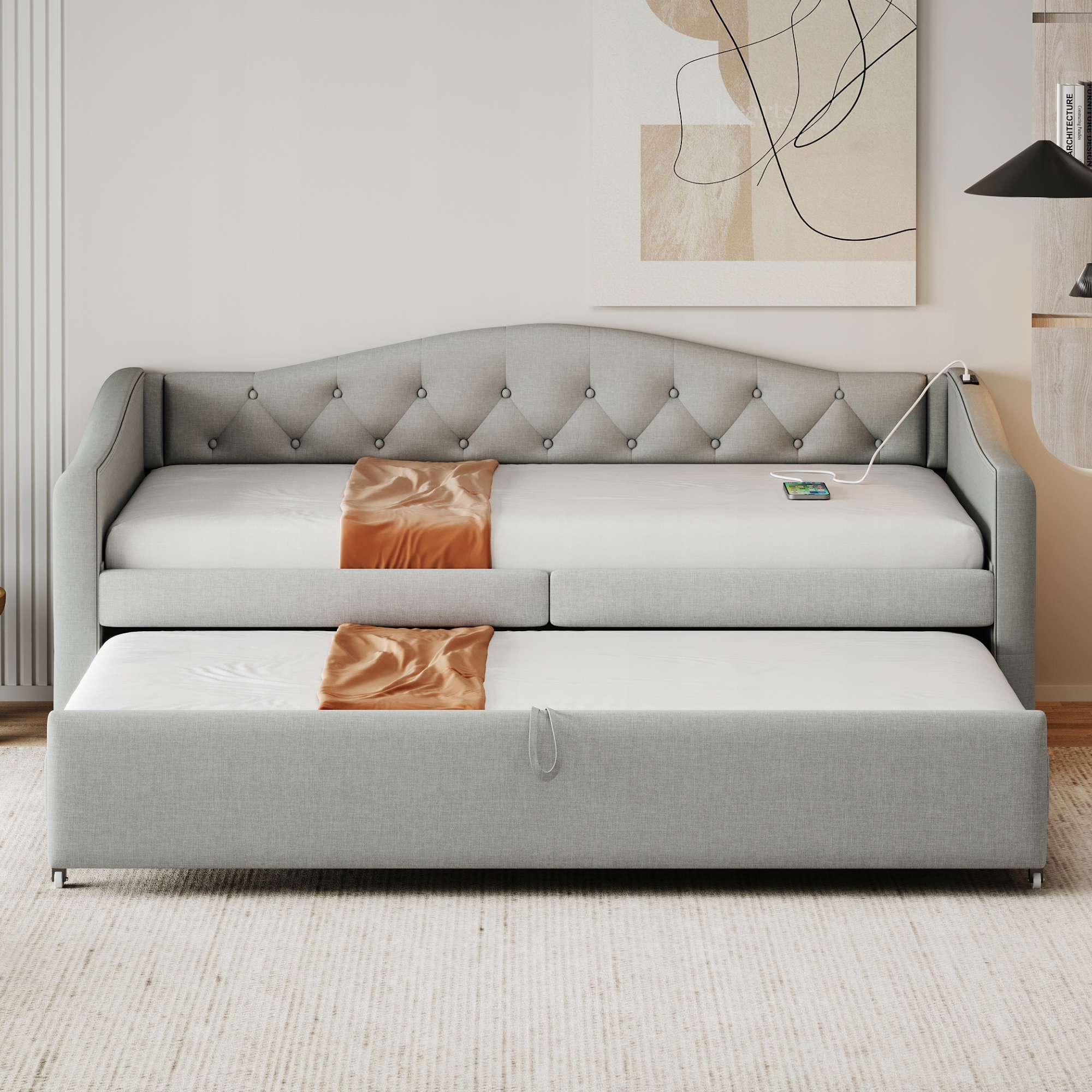 Čalouněná postel Dětská postel Výsuvná postel 90x200 cm Usb šedá