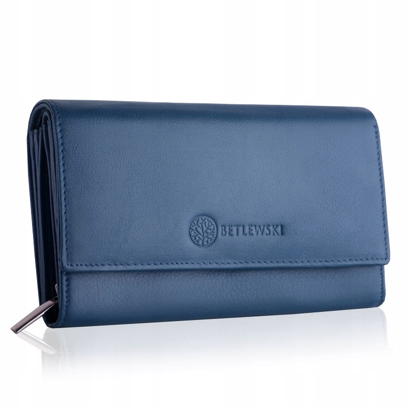Betlewski Duży portfel damski skórzany niebieski z zabezpieczeniem Rfid