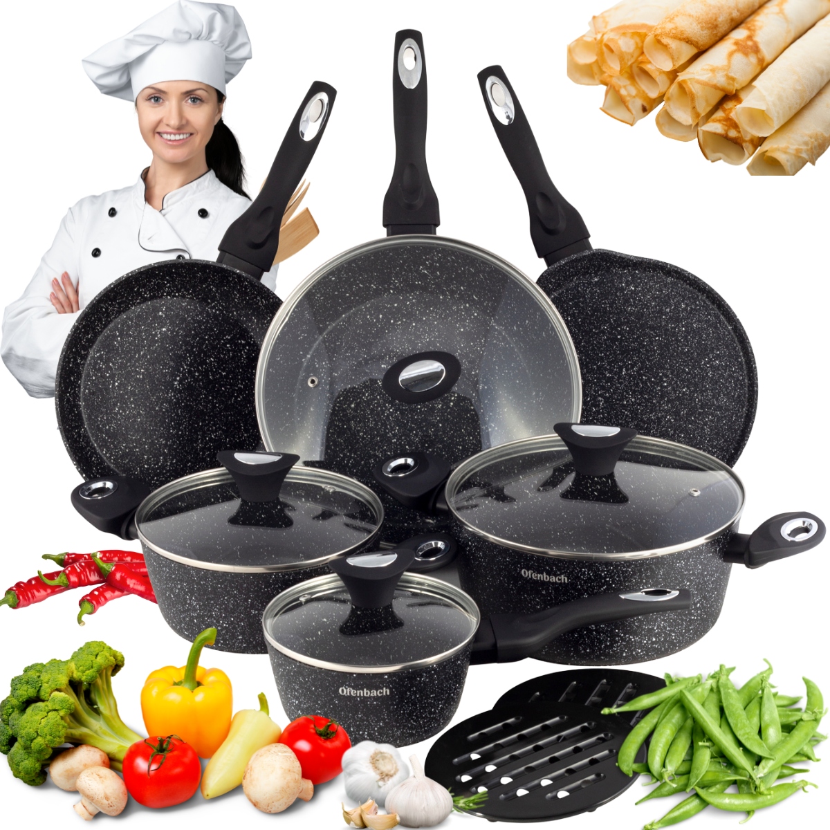 Sada Hrnců Pánví 12 ks Mramorové Černé Indukce Plynové Poklice Ofenbach