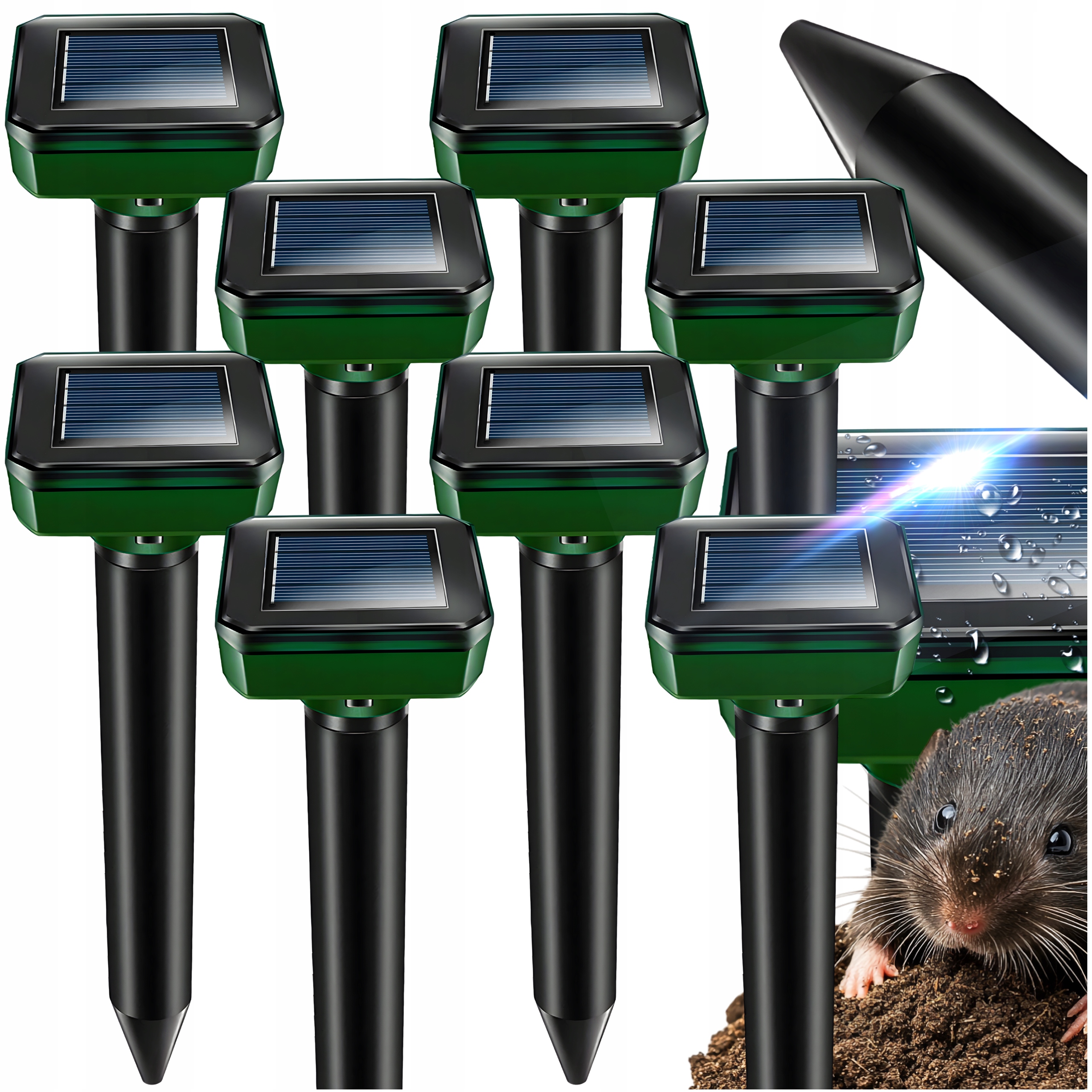 8X Silny Odstraszacz Na Krety Nornice Myszy Kuny Gryzonie Solarny 6800m²