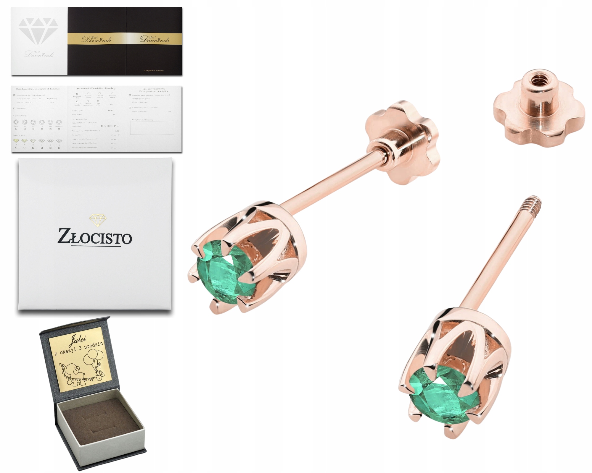 Růžové Zlato Náušnice S Brilianty A Smaragdem, Šroubovací Tyčinka Zlato 585