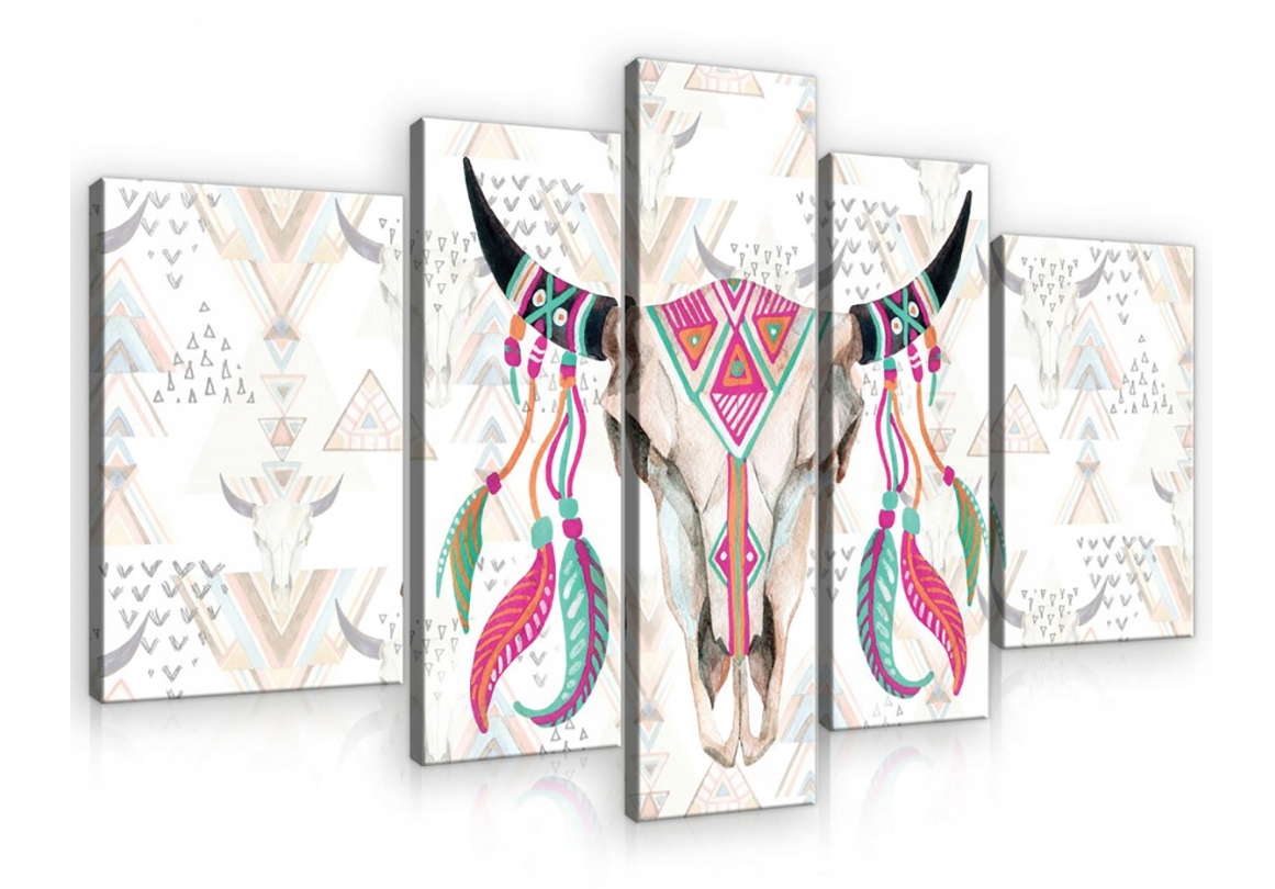 Obraz 170x100 Boho etno lebka býčie perie geometrické vzory polypované