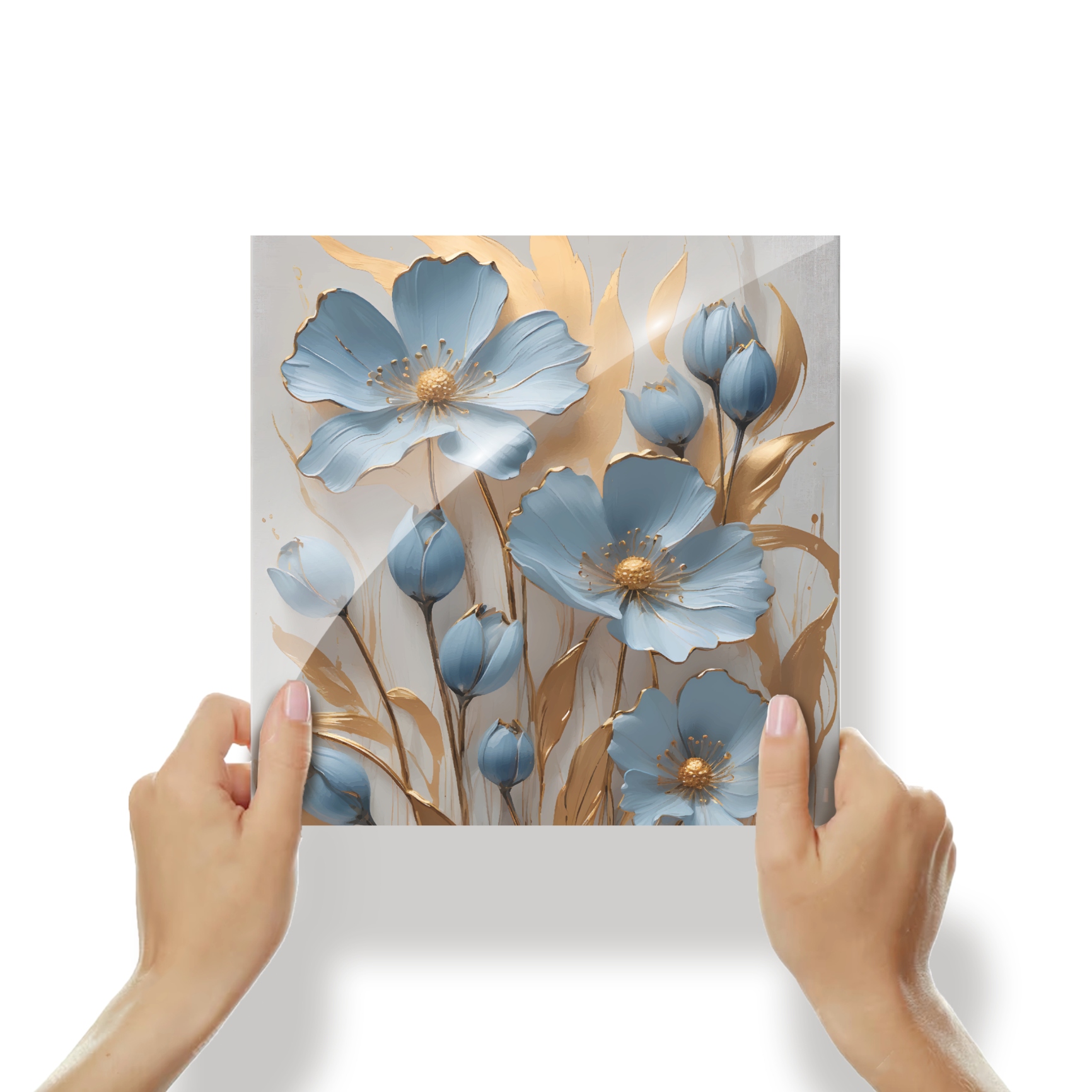 Obraz s motivem modrých Květin se zlatem na plexiskle 30x30
