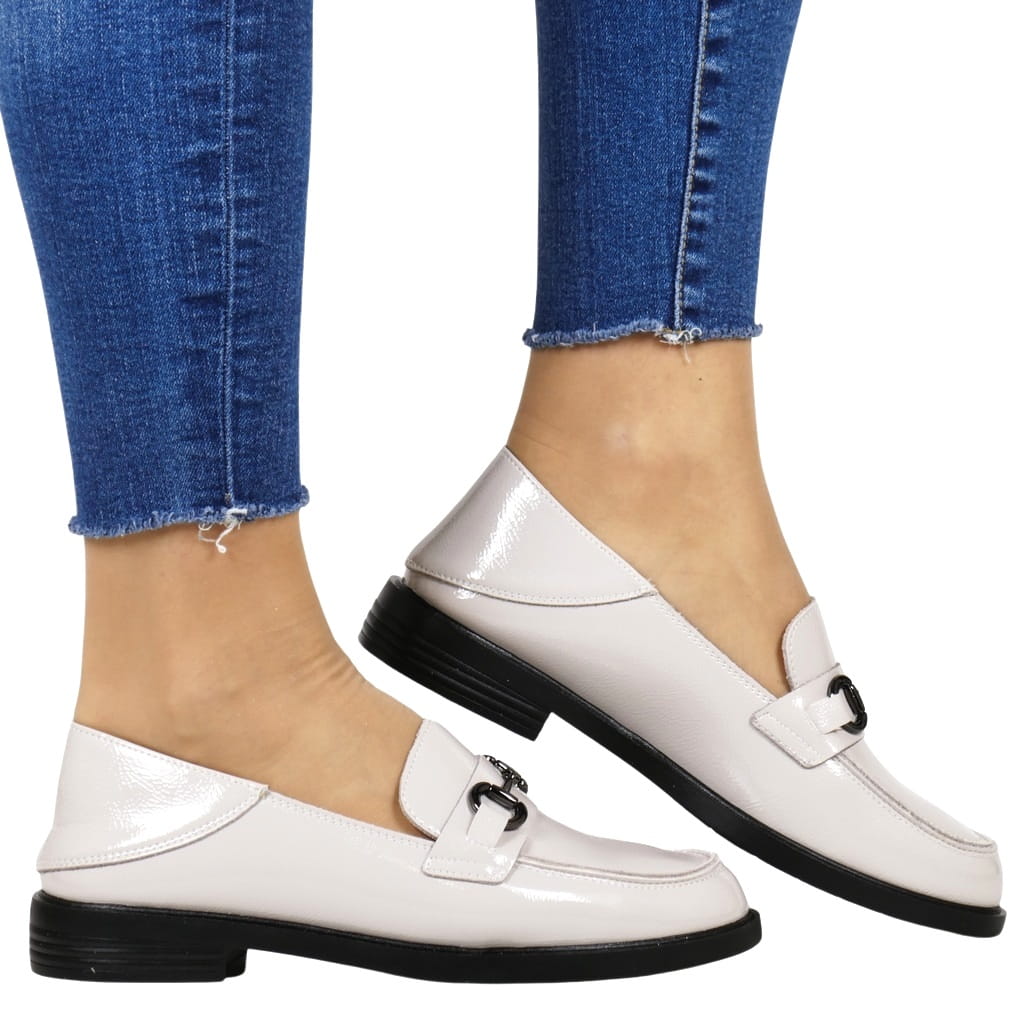 Dámské Mokasíny Z Kůže, Béžové Lakované Polobotky, Nazouvací, Měkká Kůže