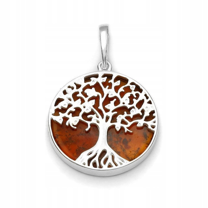 Stromek Života Stříbrný Přívěsek s Jantarem Dárek Pro Ženu