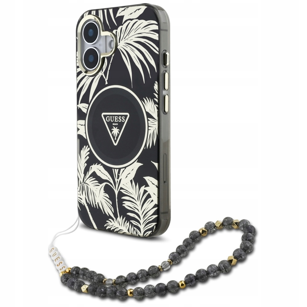 Pouzdro Guess Palm Trees Triangle Pearl Strap MagSafe pro iPhone 16, černé