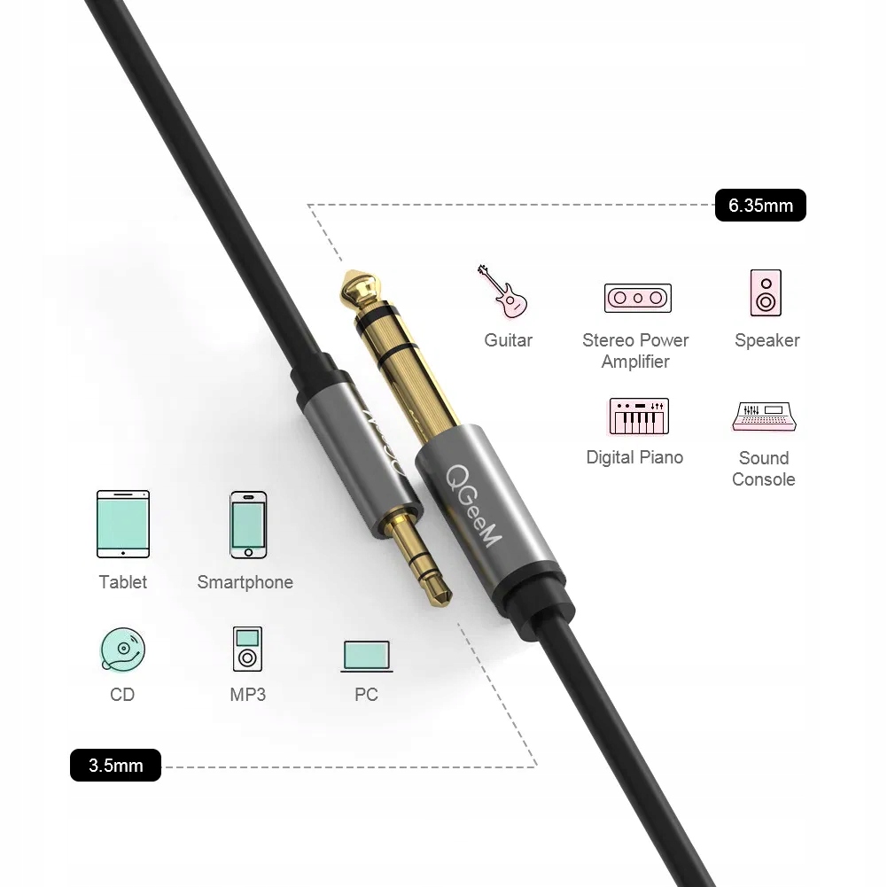 KABEL Aux Audio Mały Jack Duży Jack 3.5 to 6.35 Marka QGeeM