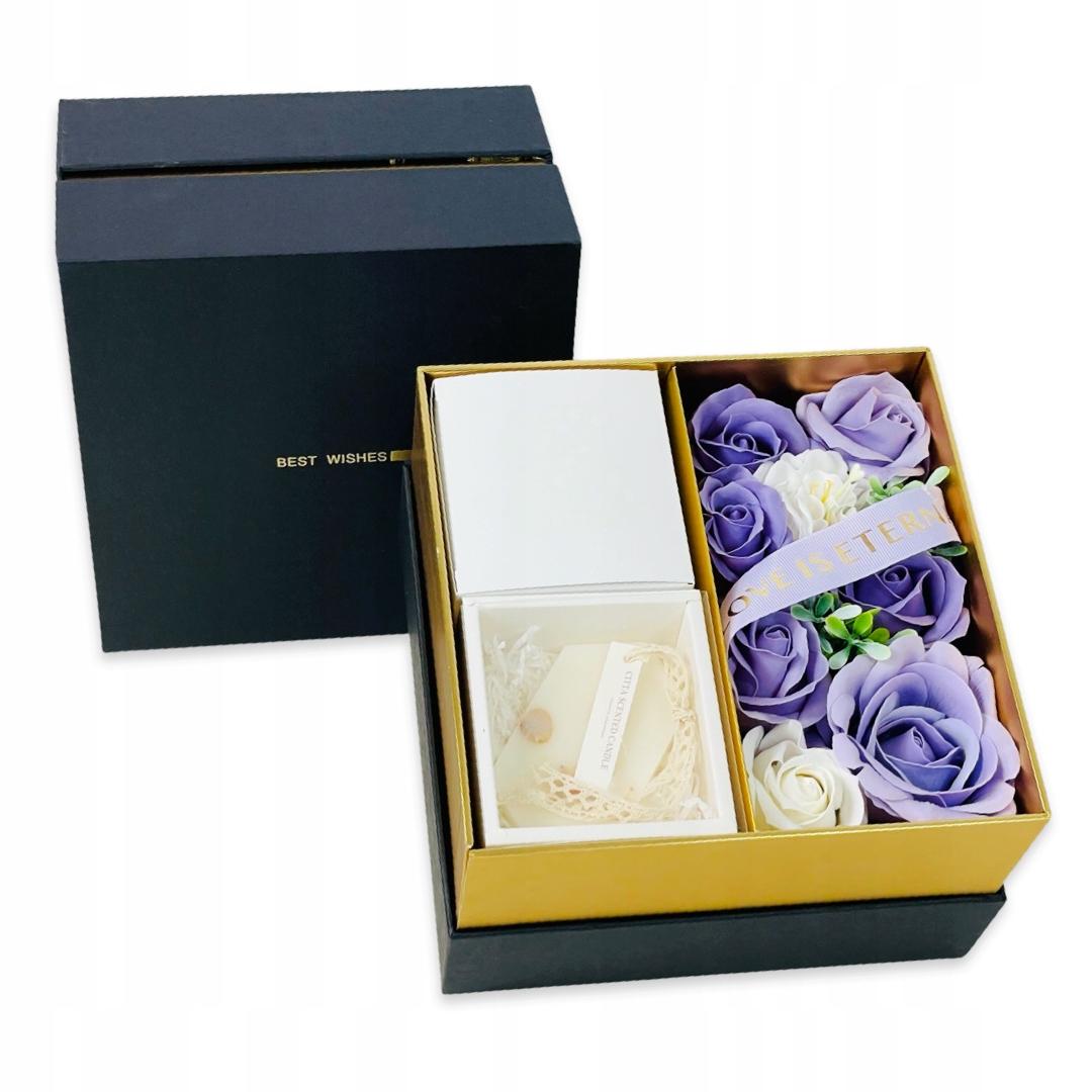 FLOWERBOX Z KWIATAMI MYDLANYMI ZAPACHOWY WOSK SOJOWY PREZENT KWIATY MYDLANE