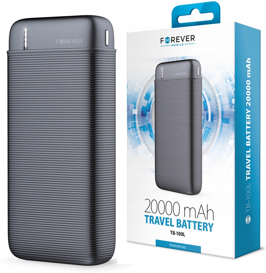 Szybki Power Bank Kieszonkowy 20000 mAh Forever 2xUSB Mocny Czarny Kabel