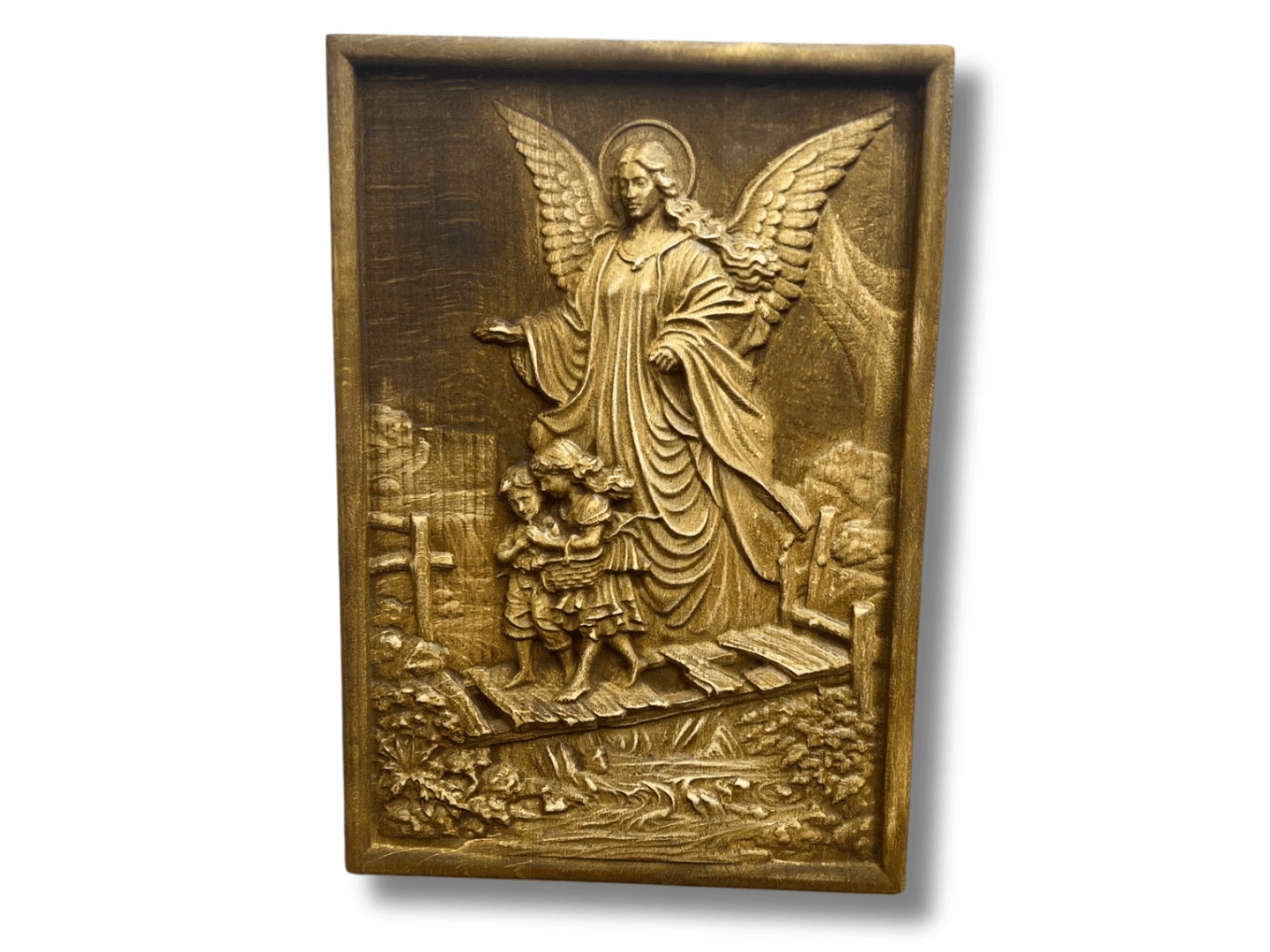 Drewniana płaskorzeźba Anioł Stróż z dziećmi na chrzest komunie dąb