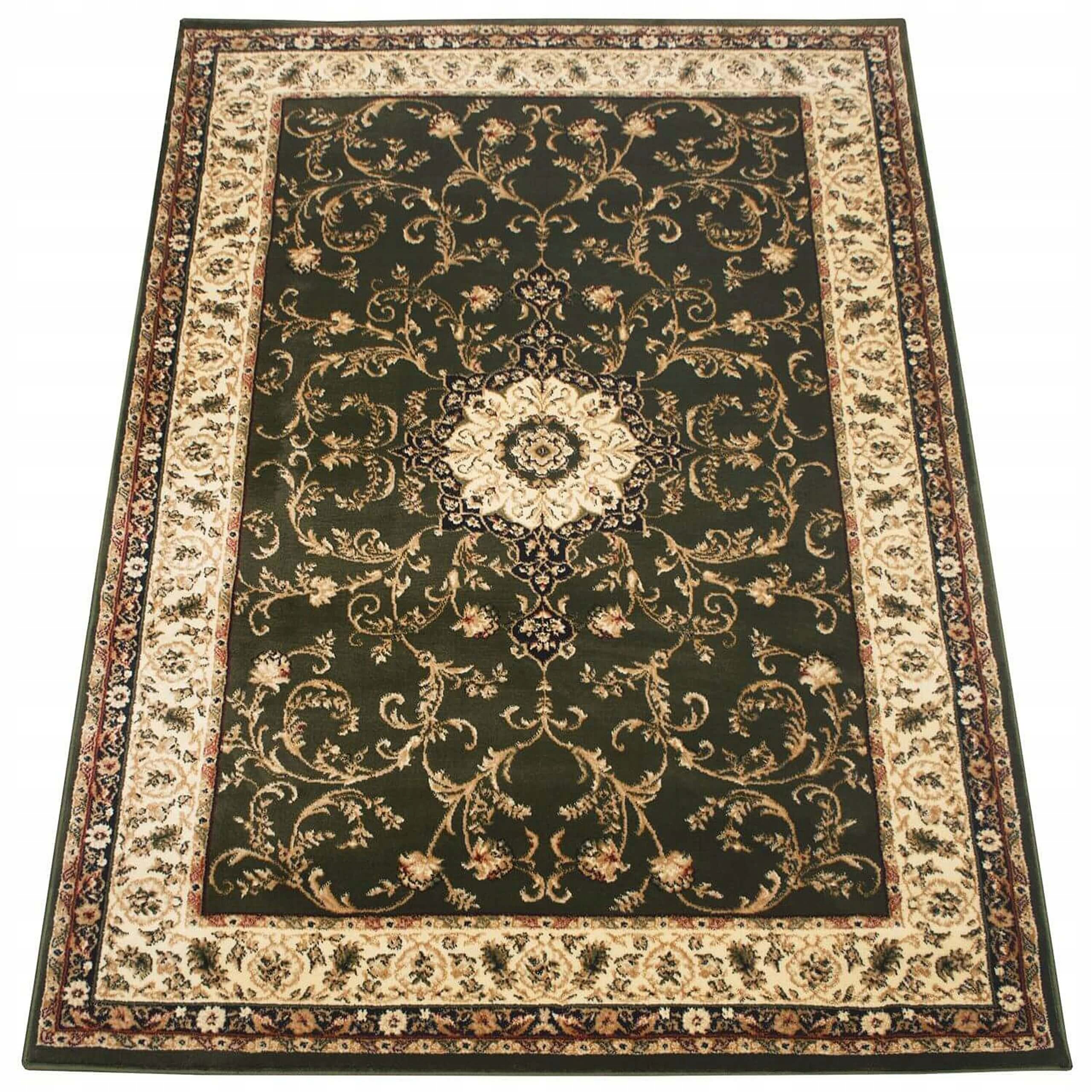 Dywan tradycyjny do salonu 250x350 cm klasyczny roślinny zielony beżowy