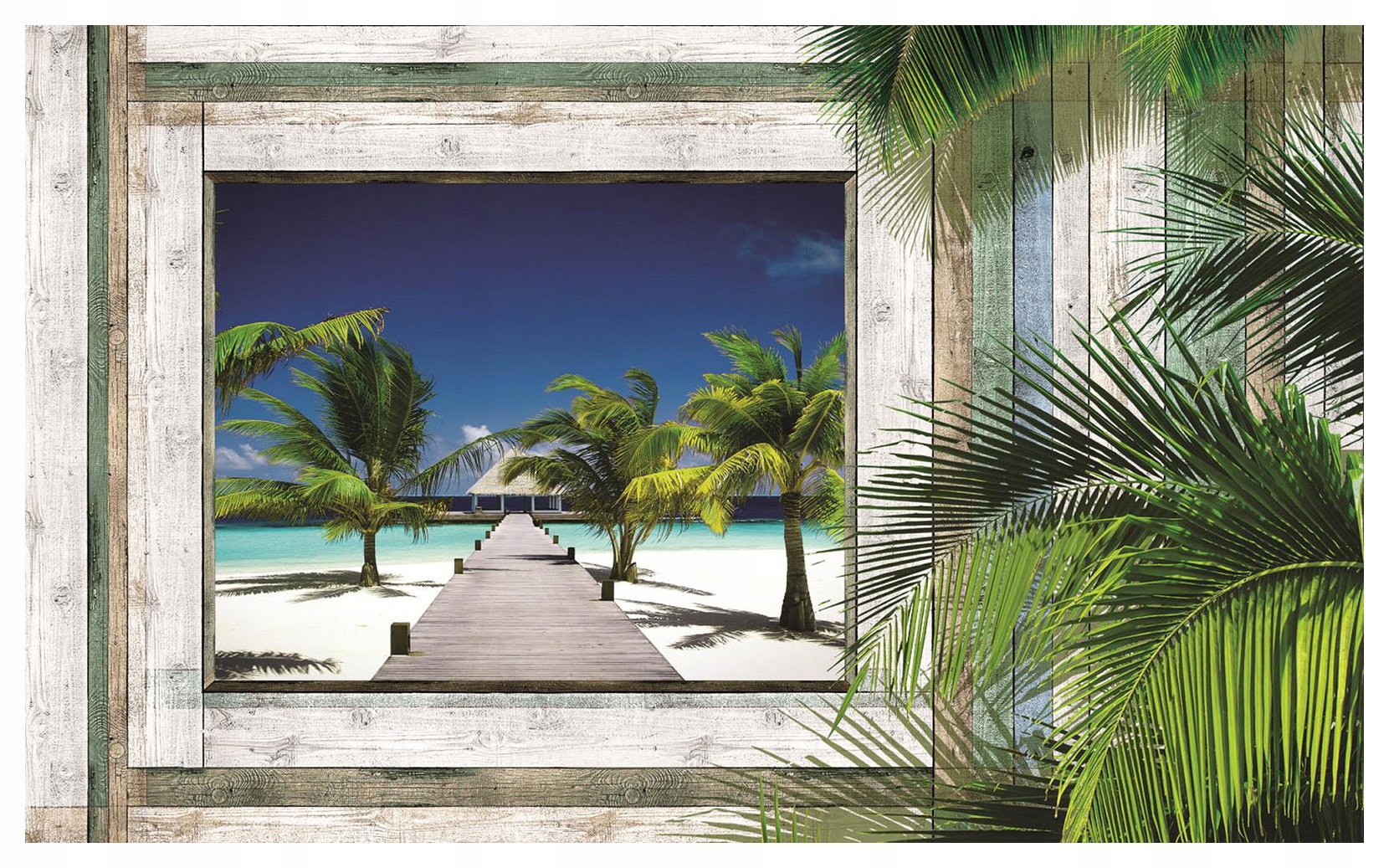 Fototapeta Tropická pláž Ráj relaxace Dřevo a palmy 300x210 lepidlo