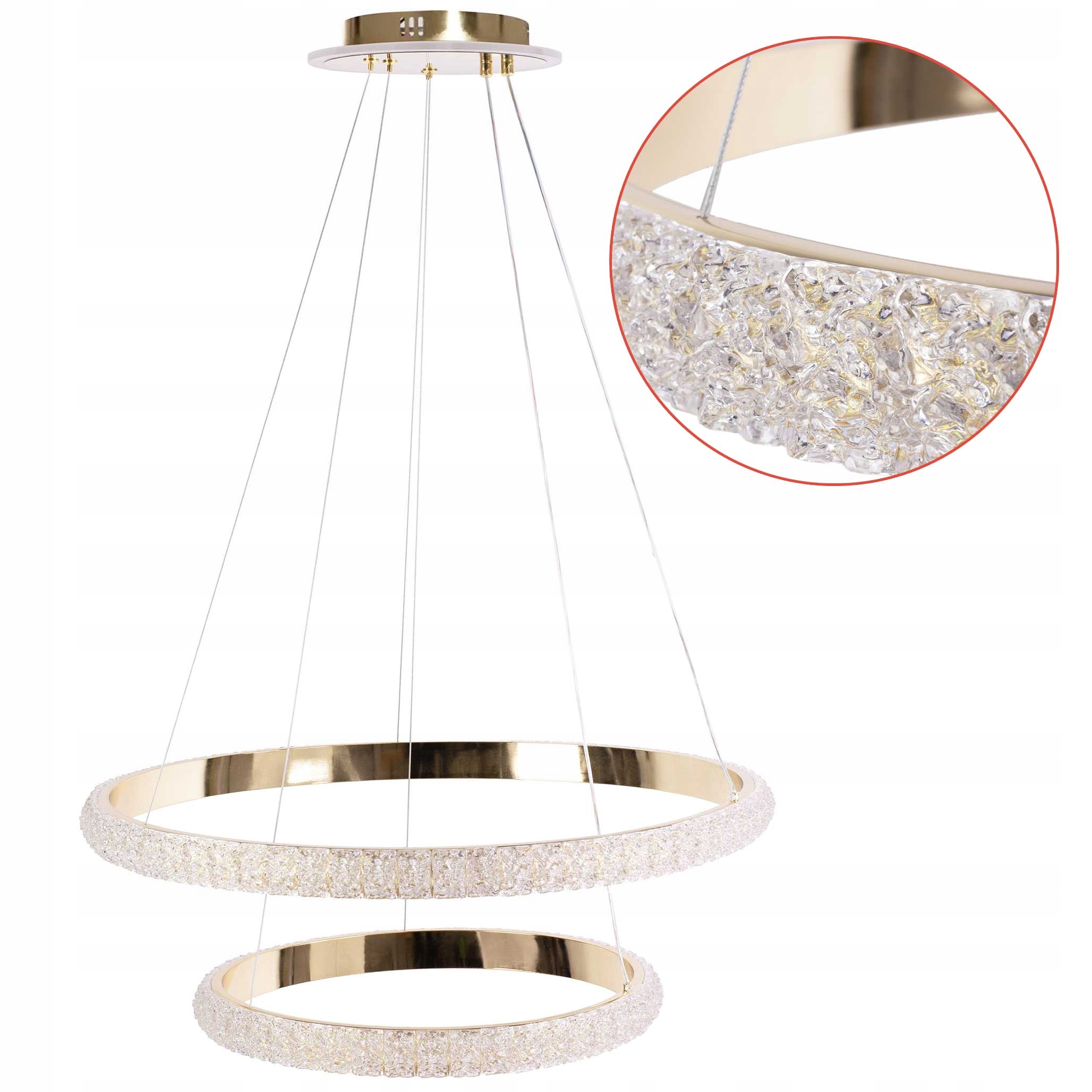 Led závesná lampa s kryštálmi Dvojitá zlatá obruč s kryštálmi 63 cm