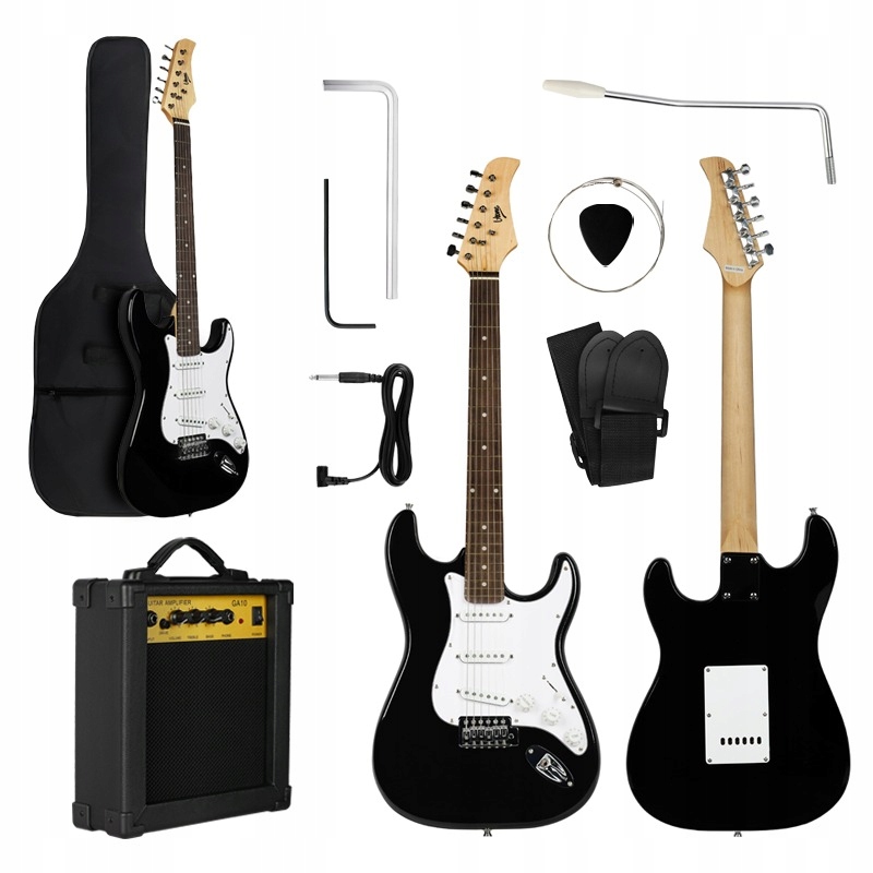 Elektrická Kytara Stratocaster 4/4 Sada Zesilovač Pásek Kostka Černá