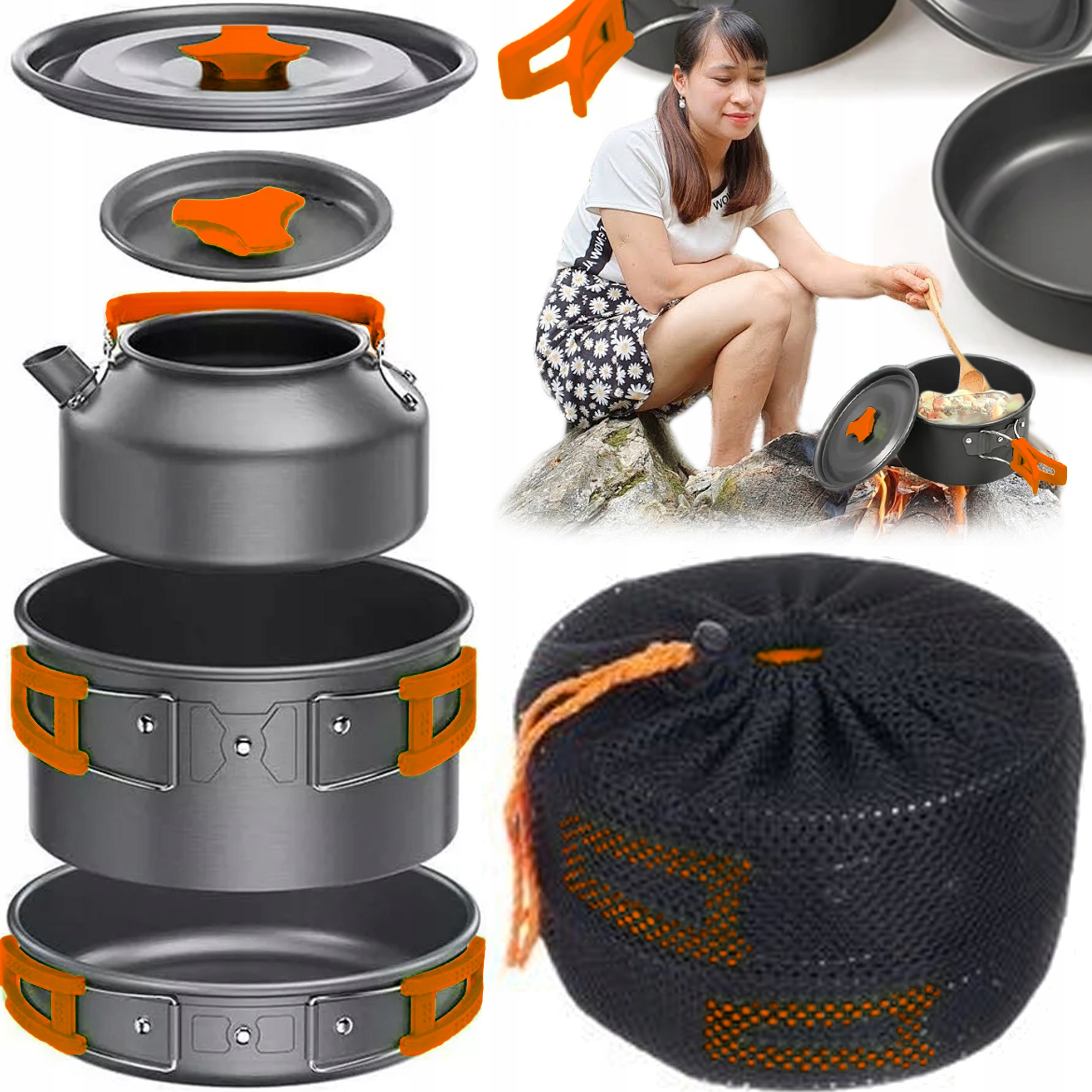 NACZYNIA TURYSTYCZNE ZESTAW GARNKÓW SZTUĆCE POD NAMIOT BIWAK CZAJNIK