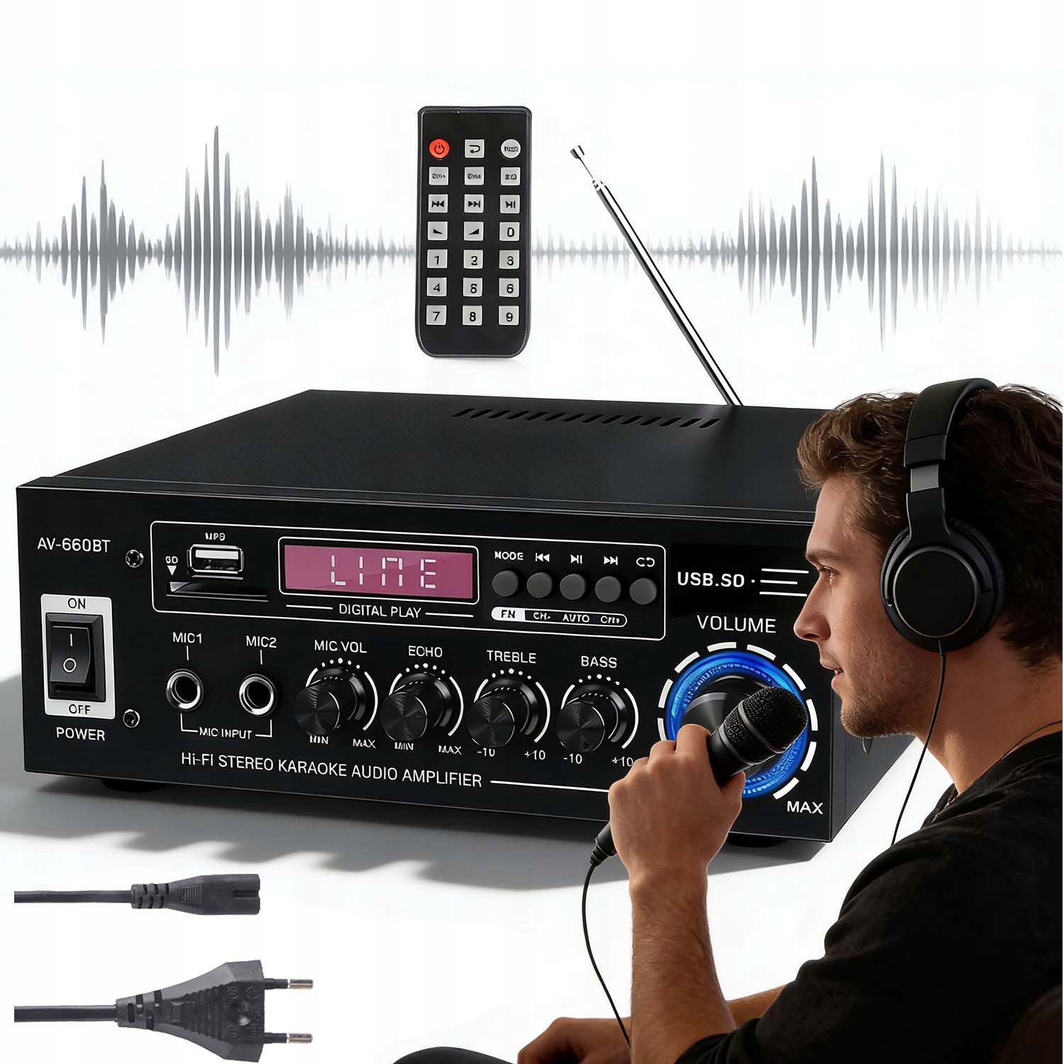 Stereofonní Zesilovač Bluetooth 5.0 2 Vstupy DVD Aux Regulace Dozvuku S Dálkovým Ovládáním