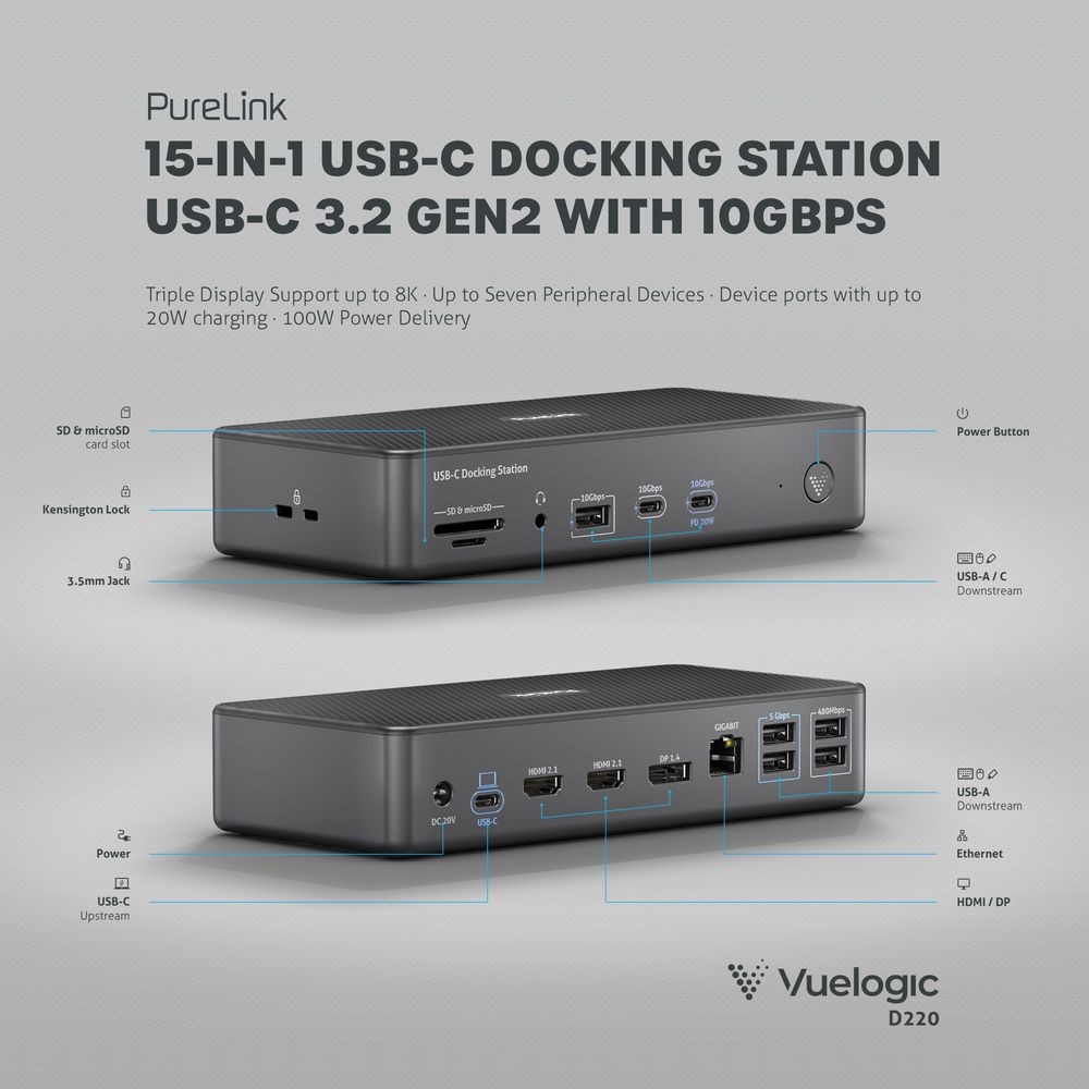 Vuelogic VL-D220 stacja dokująca USB-C 3.2 15-in-1 HDMI 2.1, DP 1.4 100W PD Producent PureLink