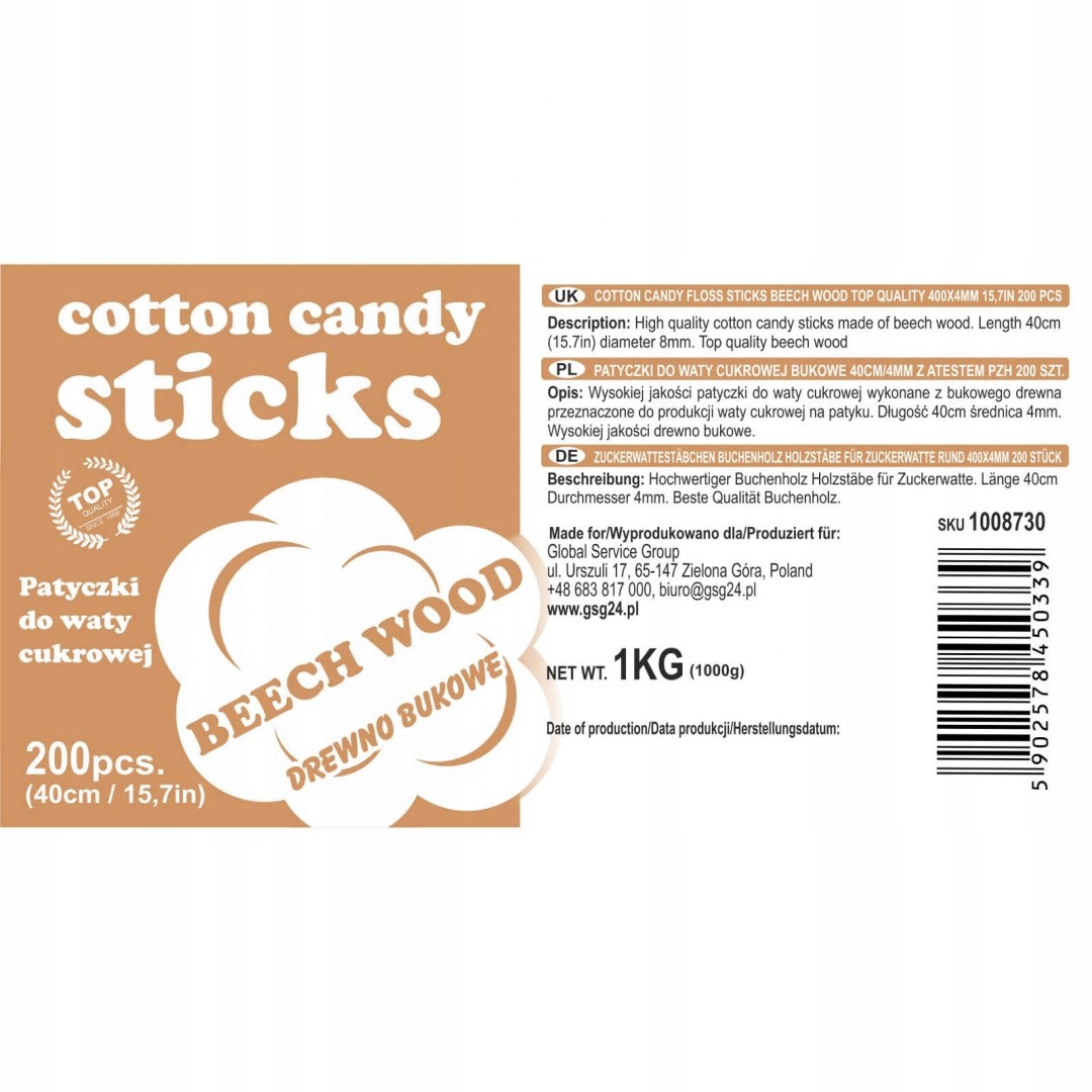 1000 szt PATYCZKI DO WATY CUKR 40cm/4mm ATEST PZH Moc 200 W