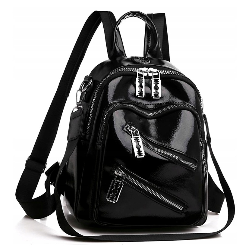 PLECAK DAMSKI SKÓRZANY LAKIEROWANY CZARNY MIEJSKI DO PRACY SZKOŁY ŻYLETKI Kolor czarny