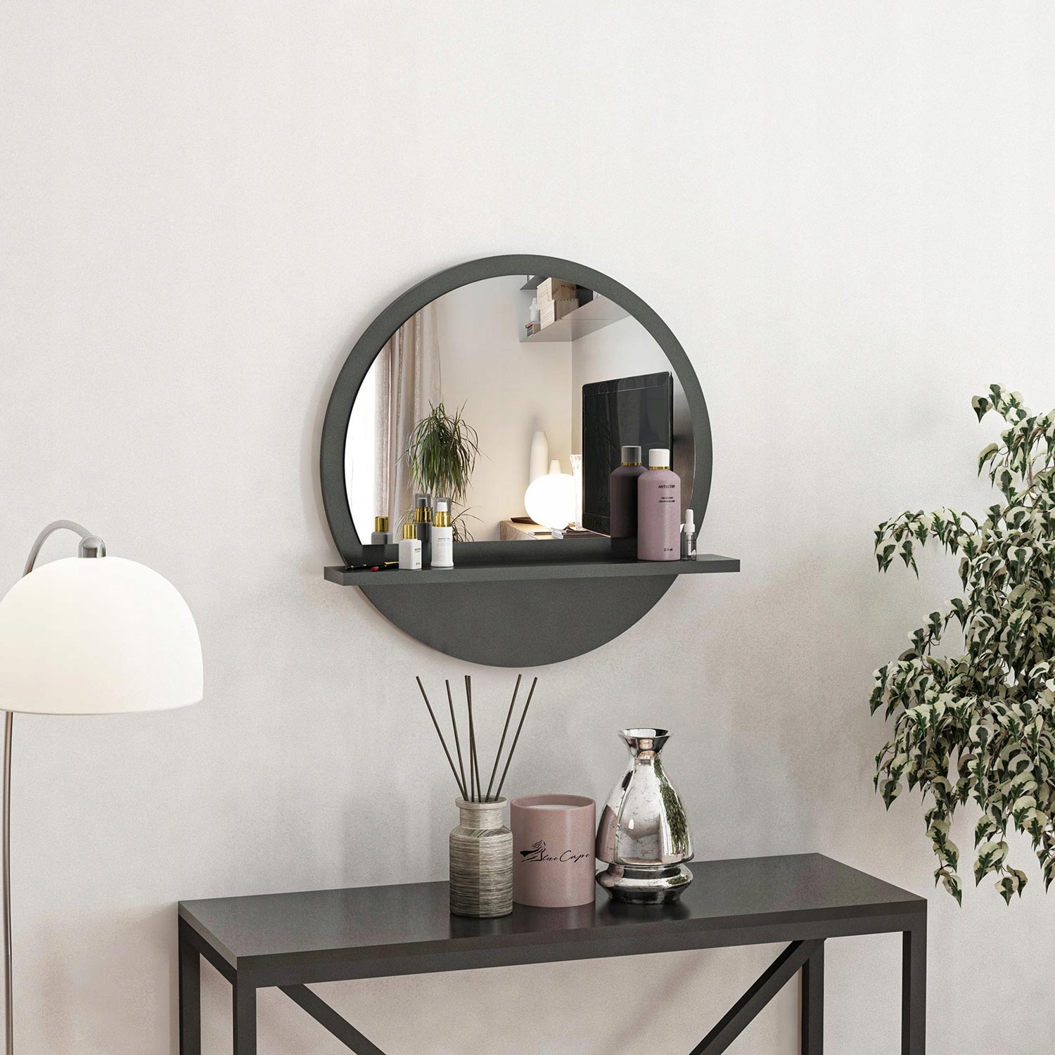 Lustro ścienne łazienkowe antracyt z półką 60 CM Wysokość 600 mm