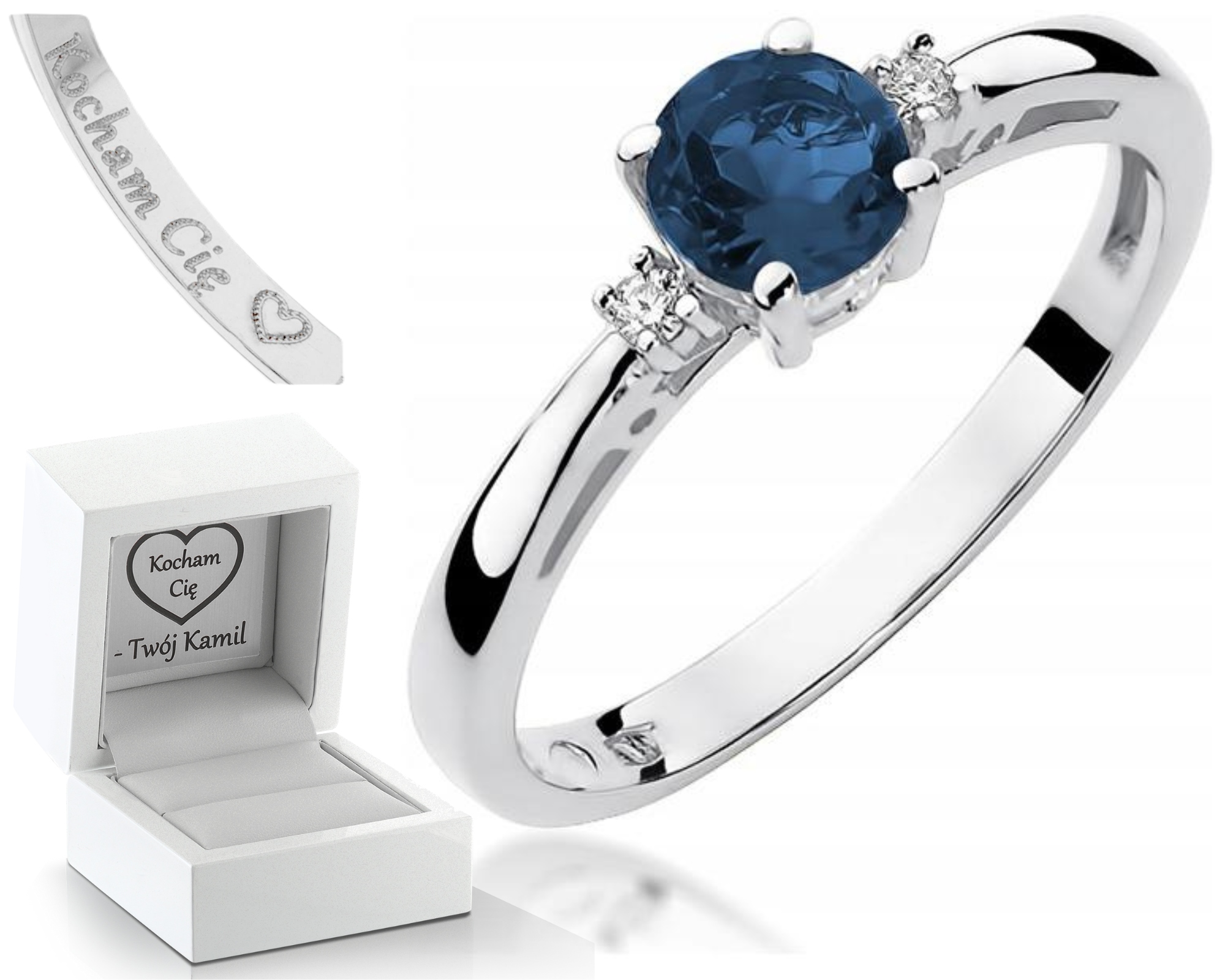 Prstýnek Se Safírem A Diamanty Gravírování Bonus