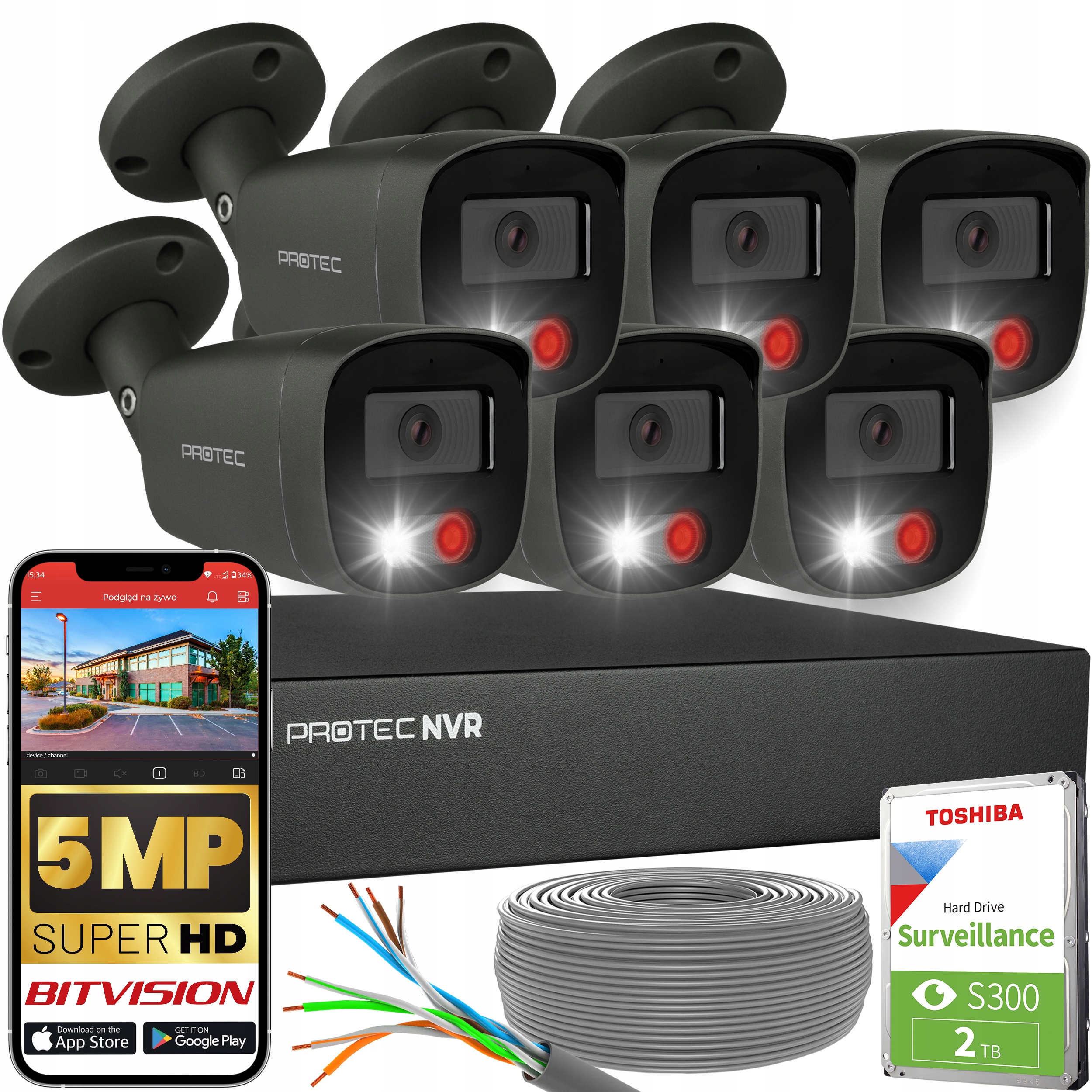 Sada pro monitorování 6 kamer Ip PoE 5Mpx Hdd 2TB detekce lidí grafit